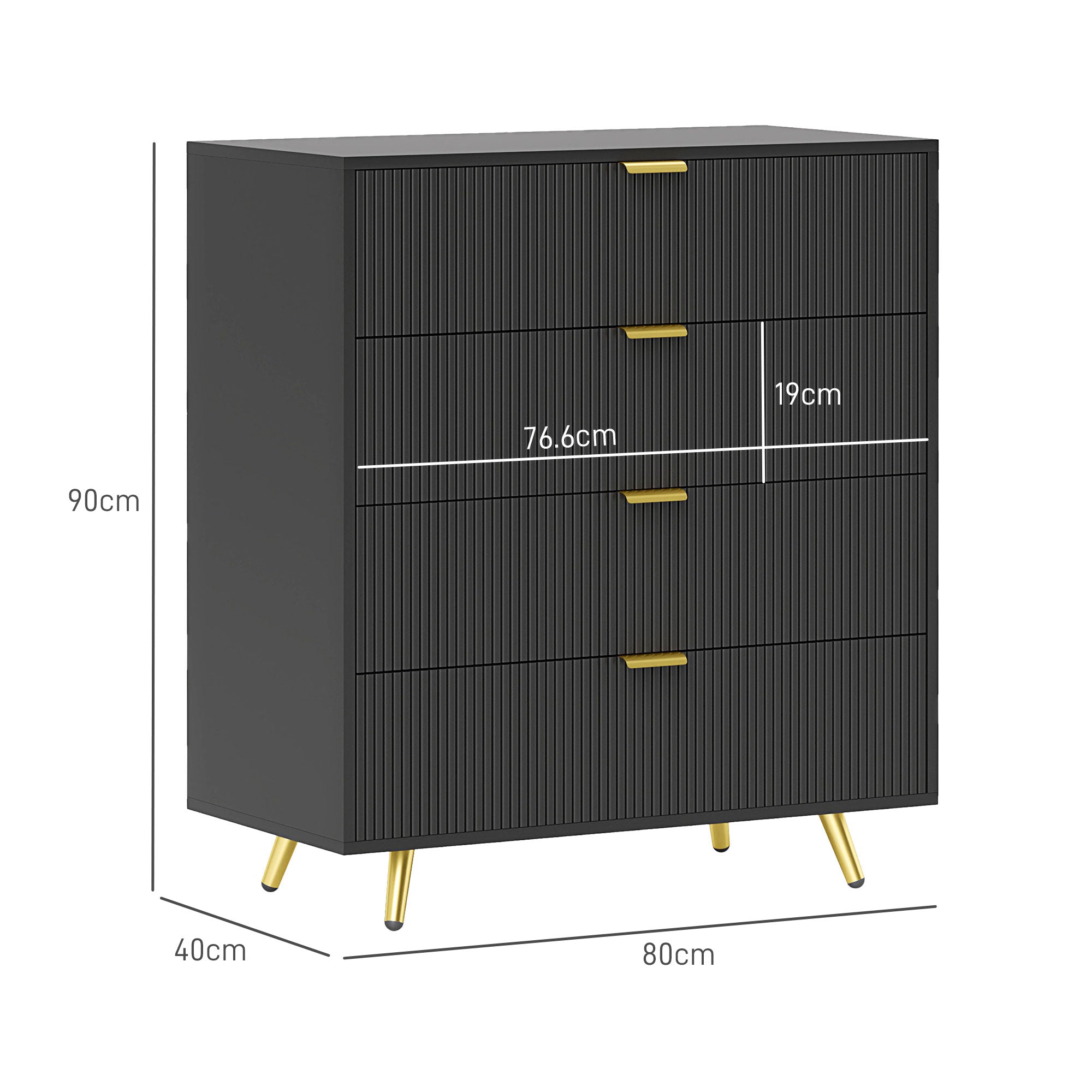 HOMCOM Bedroom Chest of Drawers with 4 Drawers, Fluted Dresser with Gold Tone Handles, Storage Cabinet for Bedroom, Living Room, Hallway, Entryway, Black - North Peak Garden Furniture