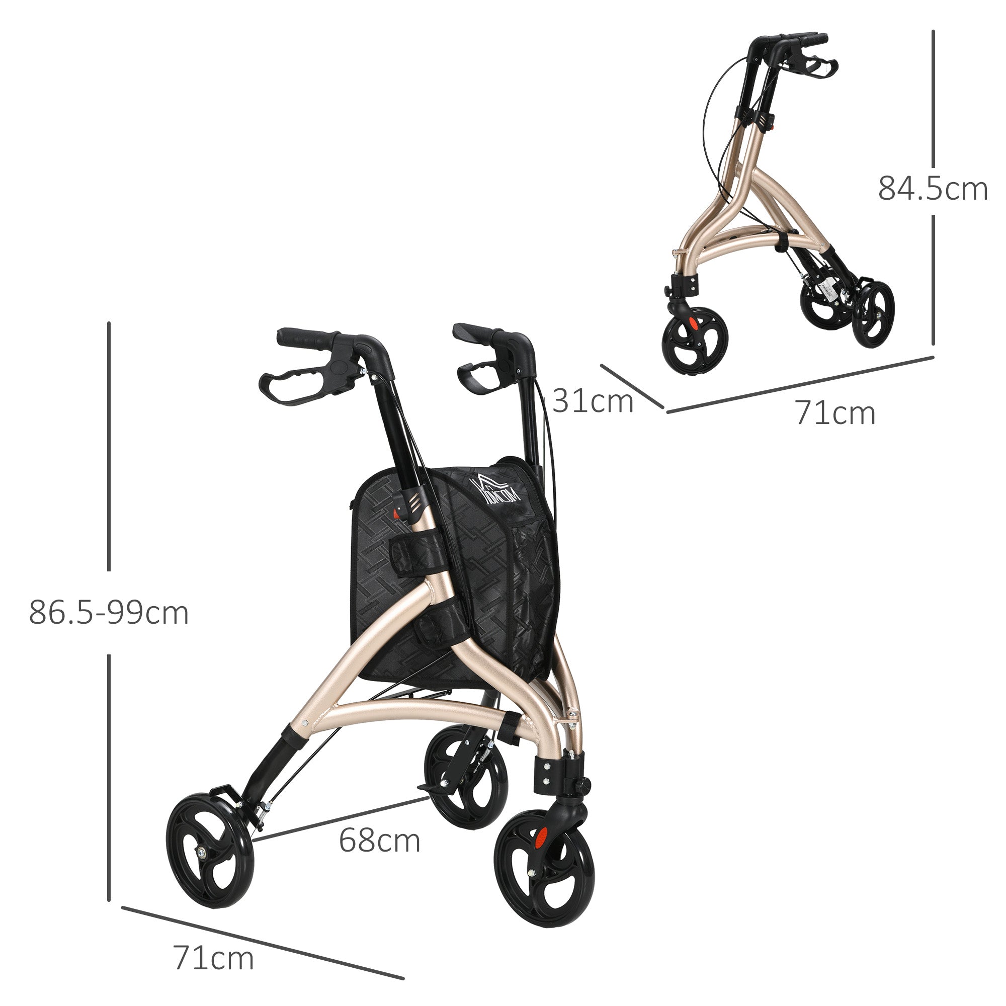 HOMCOM 3 Wheel Rollator, Lightweight Aluminium Tri Walker with Adjustable Handle, Storage Bag and Dual Brakes, Folding Mobility Walking Aid for Elderly, Handicapped, 5.3kg, Gold Tone - North Peak Garden Furniture