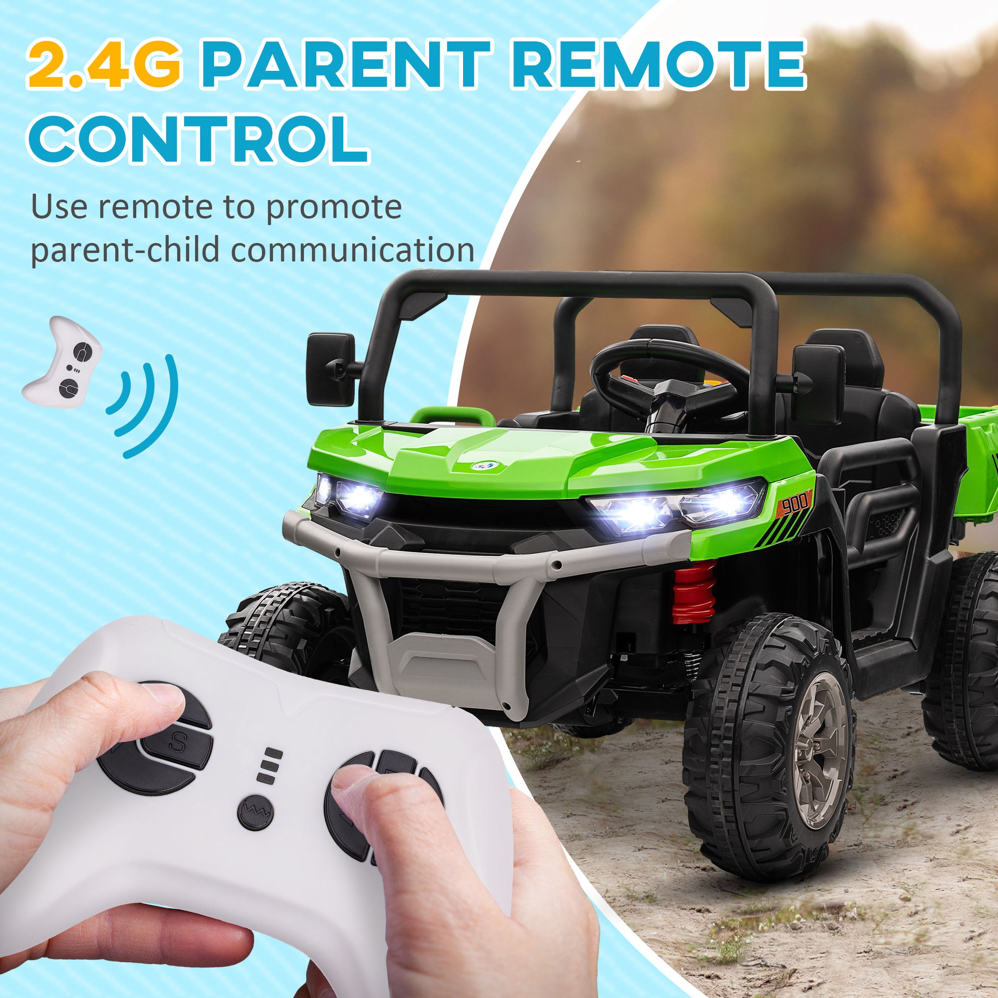 HOMCOM 12V 2 Seater Kids Electric Ride-On Car with Electric Bucket, Remote Control - Green - North Peak Garden Furniture