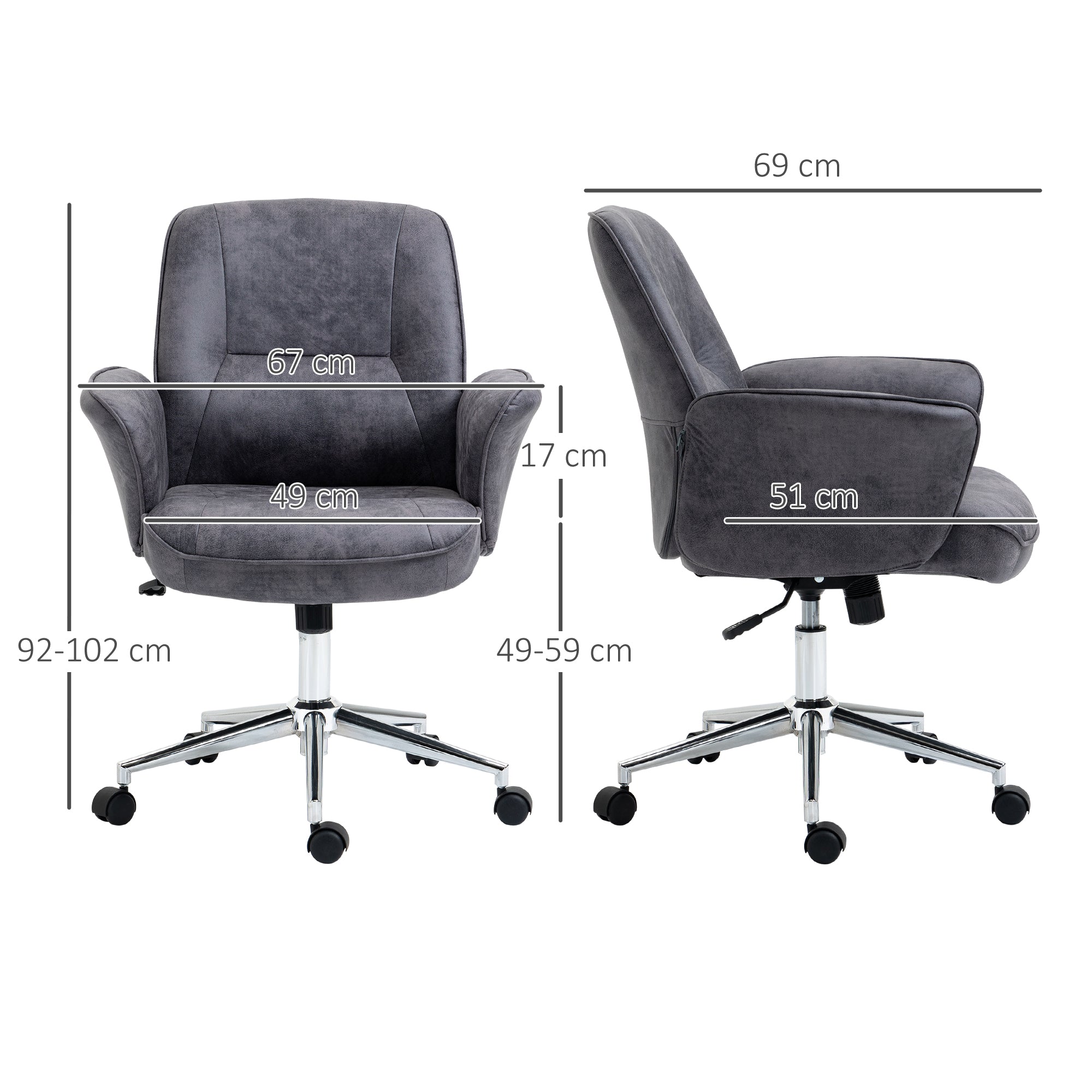 Vinsetto Swivel Computer Office Chair Mid Back Desk Chair for Home Study Bedroom, Charcoal Grey - North Peak Garden Furniture