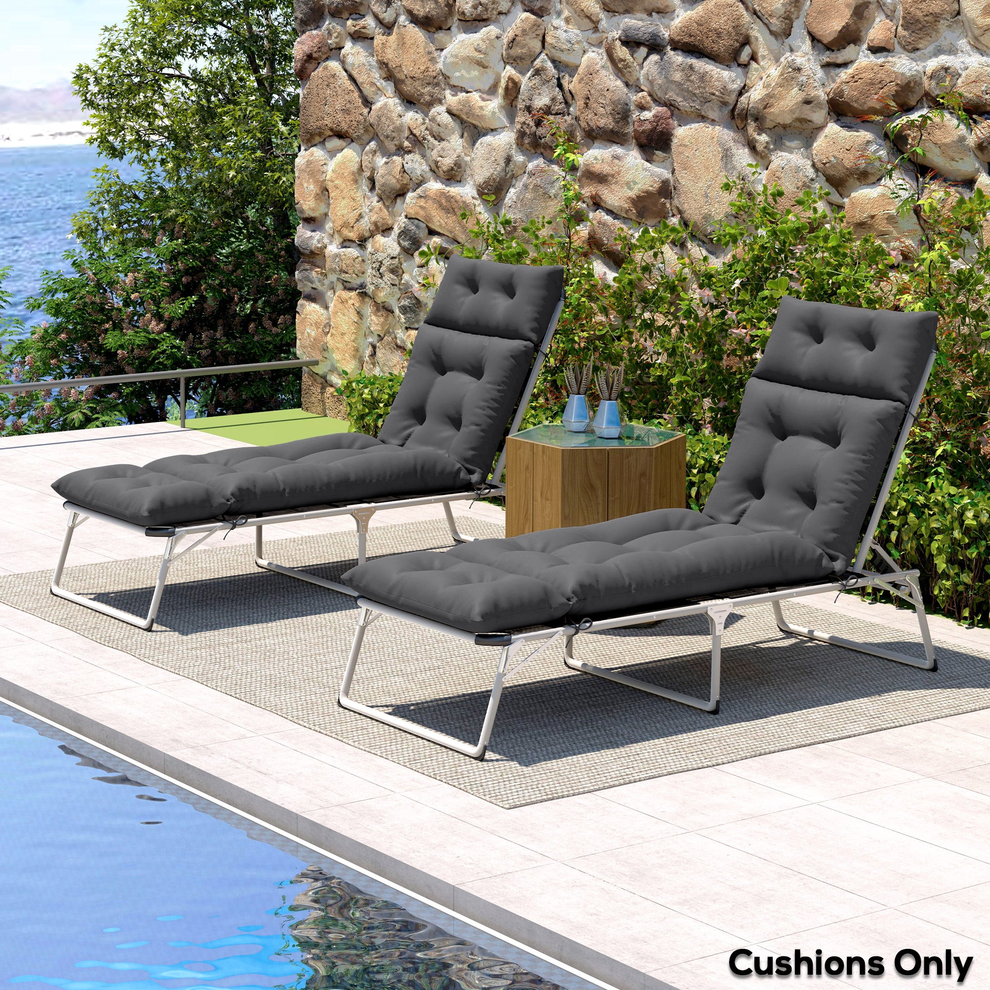 Outsunny Sun Lounger Cushions Only, 190x56x10cm Garden Lounge Chair Cushions Set of 2, UPF20+ 220gsm Fabric, Thick Sunbed Replacement Cushions with 6 Ties, Dark Grey