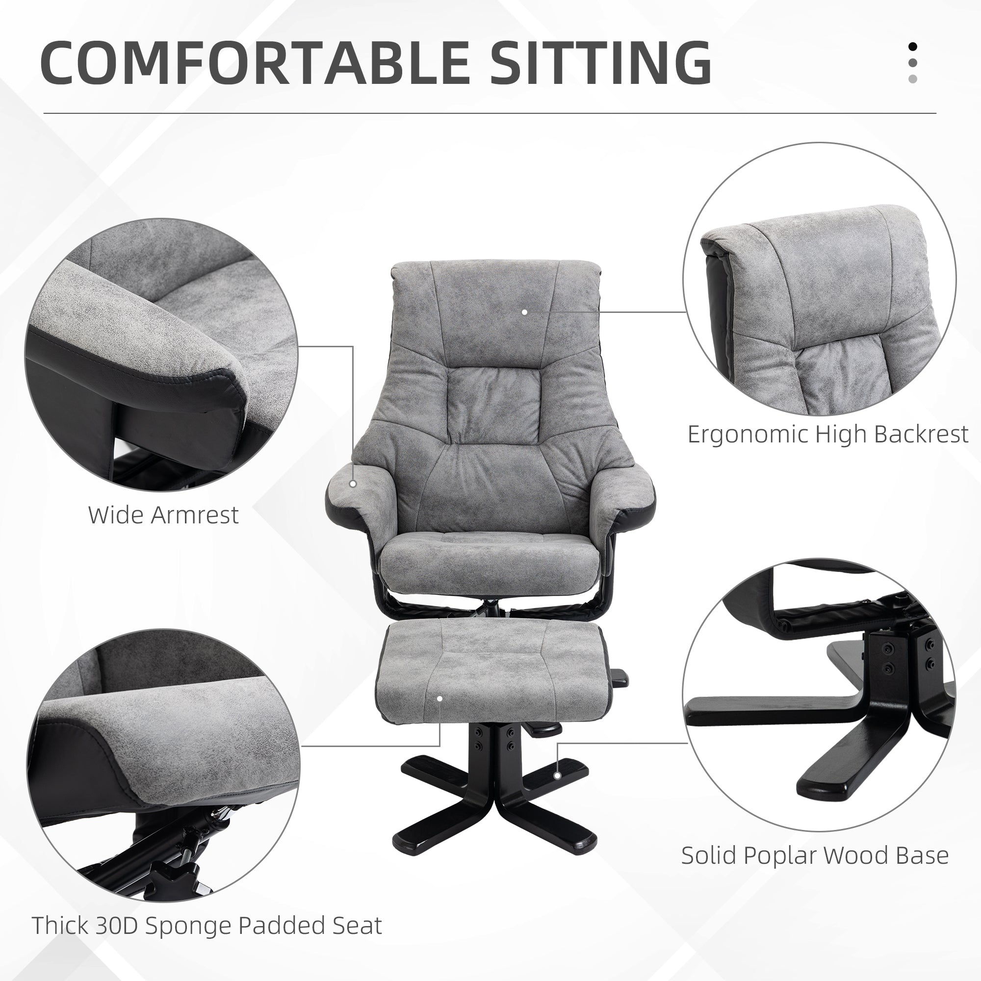 HOMCOM Fabric Recliner Sofa Armchair with footstool Swivel Sofa Grey - North Peak Garden Furniture
