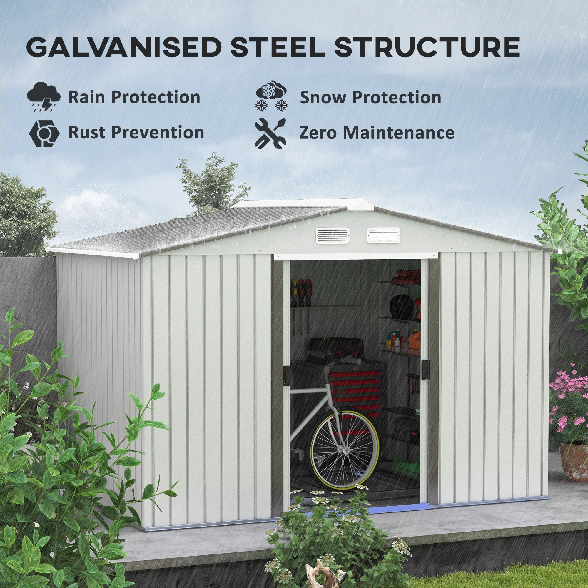 Outsunny Garden Storage Shed, Metal Outdoor Storage Shed House with Foundation Kit, Ventilation, Doors, 9 x 6FT, Silver - North Peak Garden Furniture