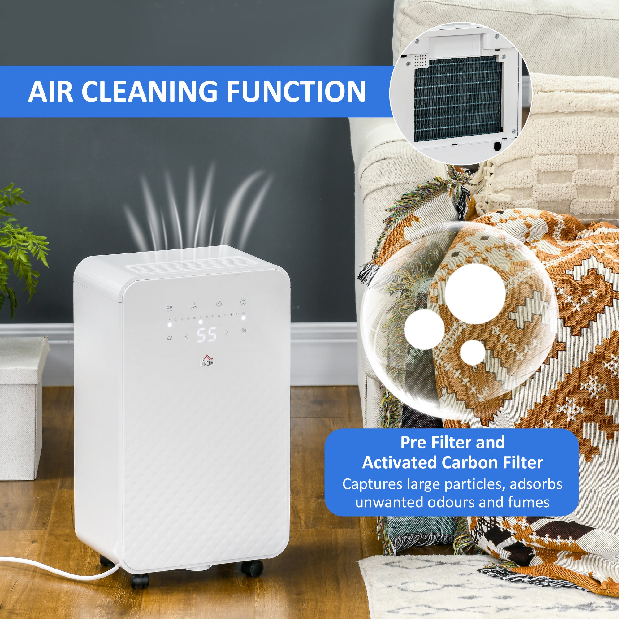 HOMCOM 2000mL Portable Dehumidifier with Air Purifier, 24H Timer, 5 Modes, 12L/Day, for Home Laundry, White - North Peak Garden Furniture
