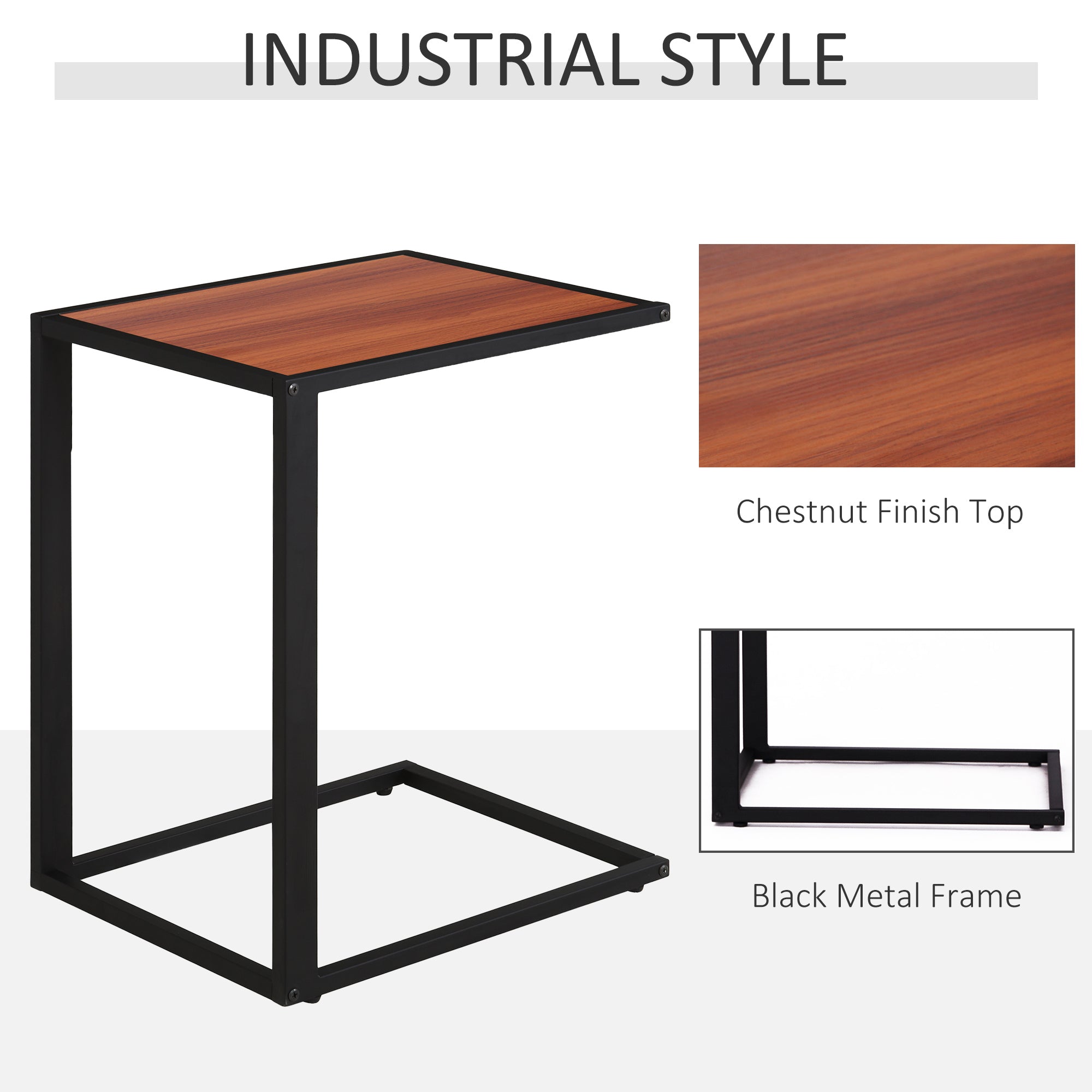 HOMCOM C-Shaped Side Table, Sofa End Table with Metal Frame, Accent Couch Table for Living room, Bedroom, Walnut and Black - North Peak Garden Furniture