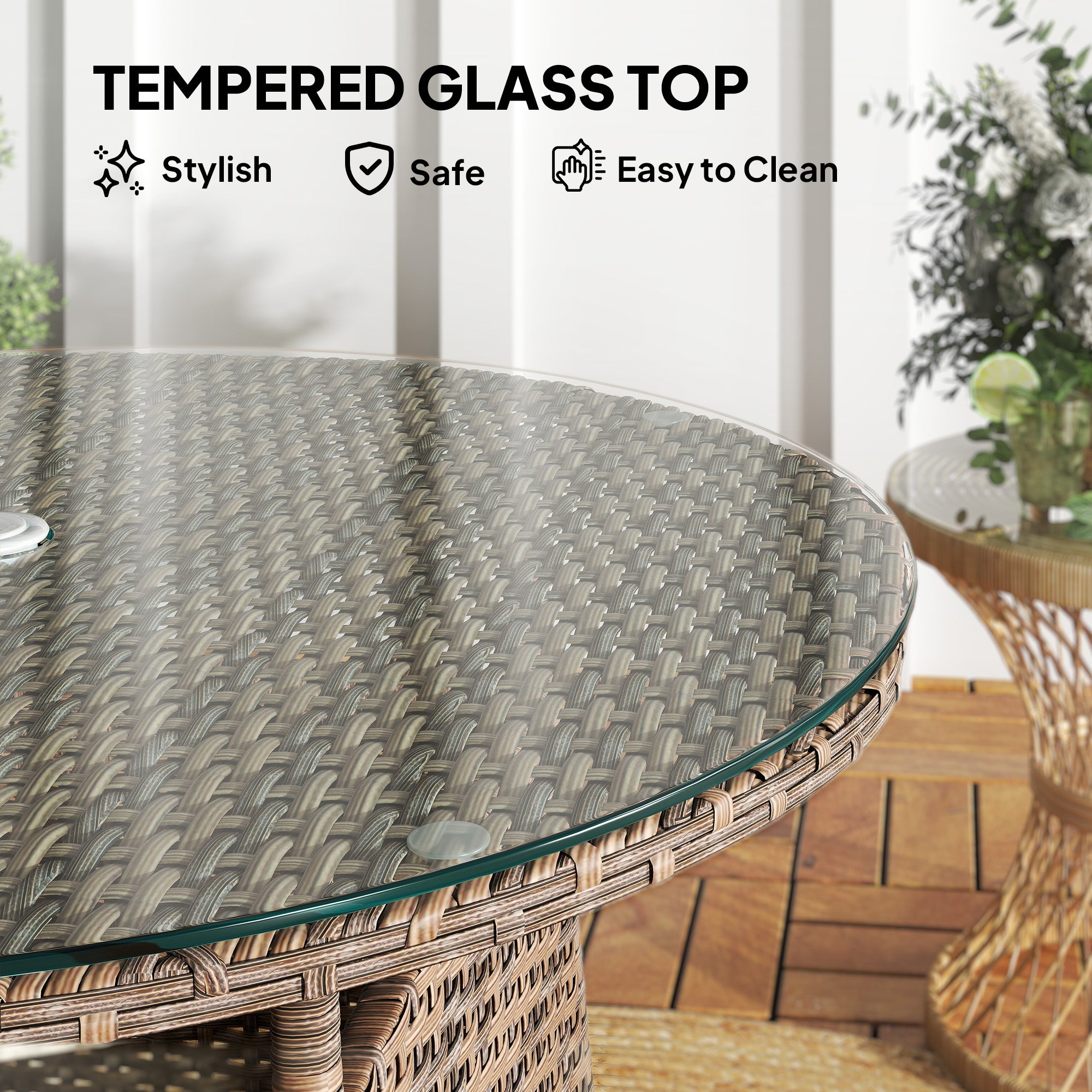Outsunny Wicker Garden Rattan Table, Patio Furniture Outdoor Coffee Table with Umbrella Hole and Tempered Glass Top, Brown - North Peak Garden Furniture