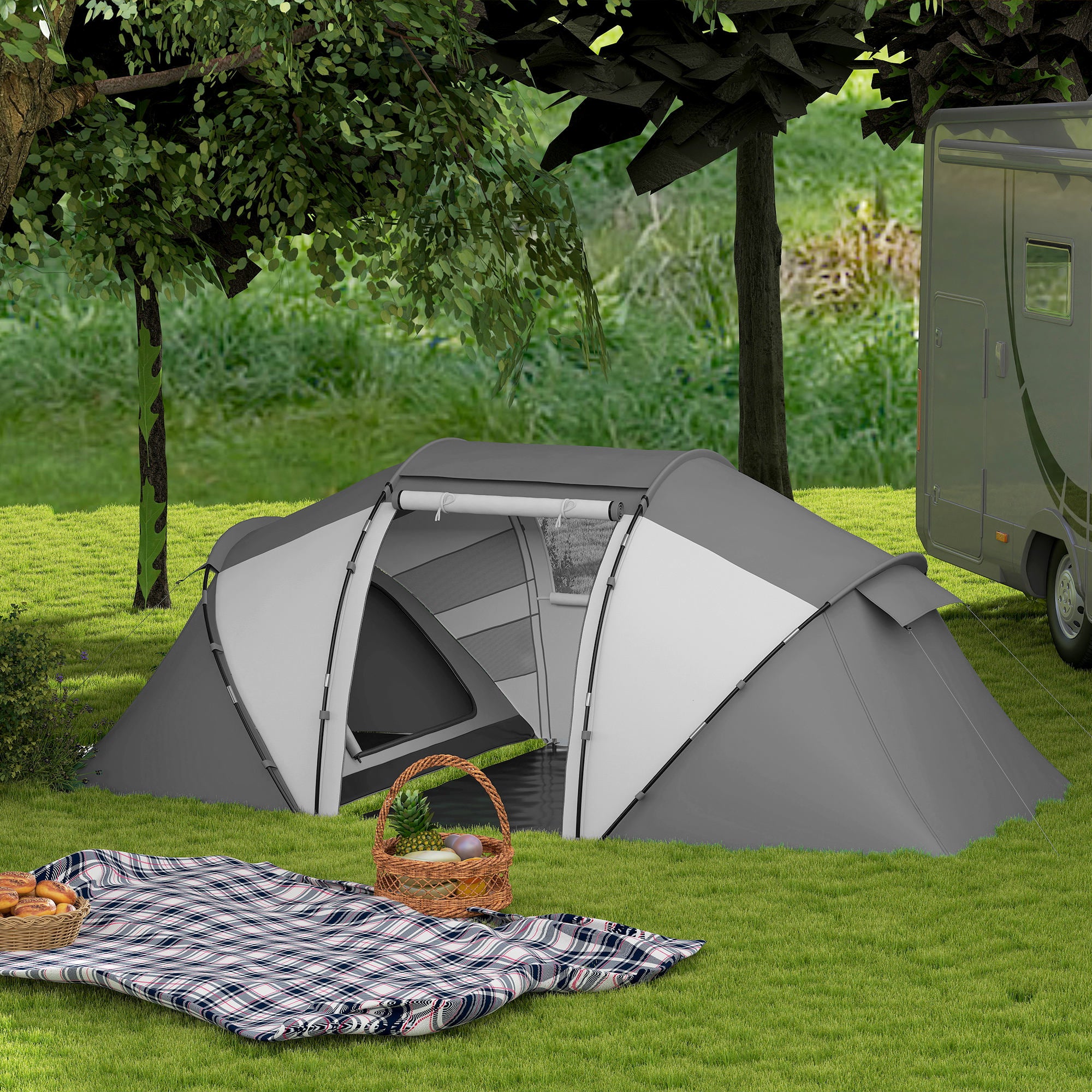 Outsunny 4-6 Man UV Protection Camping Tent - Charcoal Grey and White - North Peak Garden Furniture
