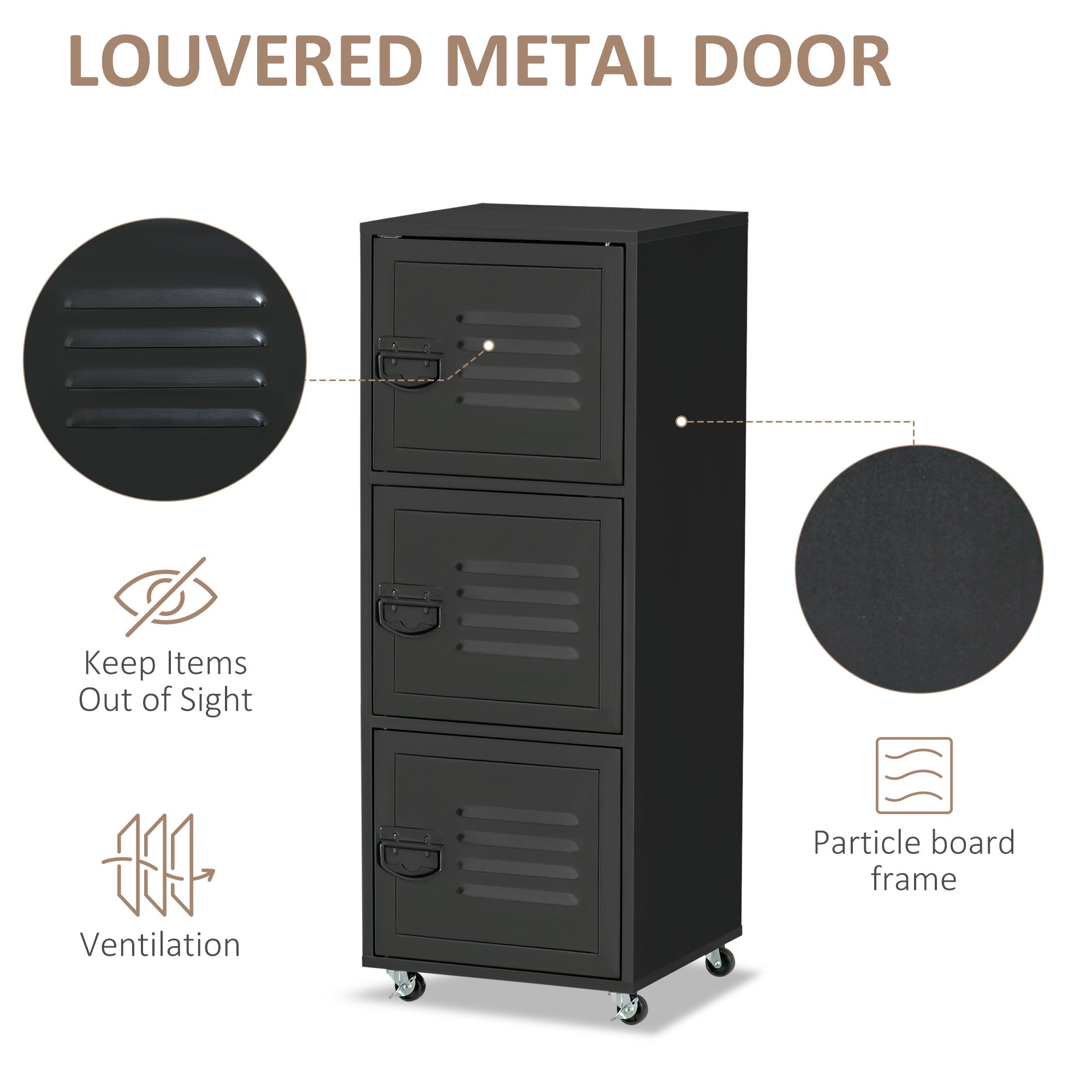 HOMCOM Rolling Storage Cabinet 3-Tier Mobile File Cabinet with Wheels & Metal Doors for Home Office, Living Room, Black - North Peak Garden Furniture
