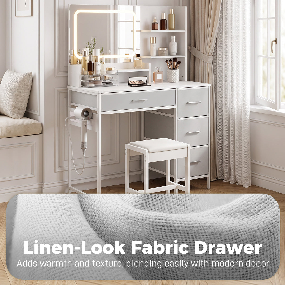 HOMCOM Dressing Table with 3-Colour LED Mirror, Power Outlet, Vanity Desk with 4 Drawers, 5 Shelves, Hair Dryer Holder