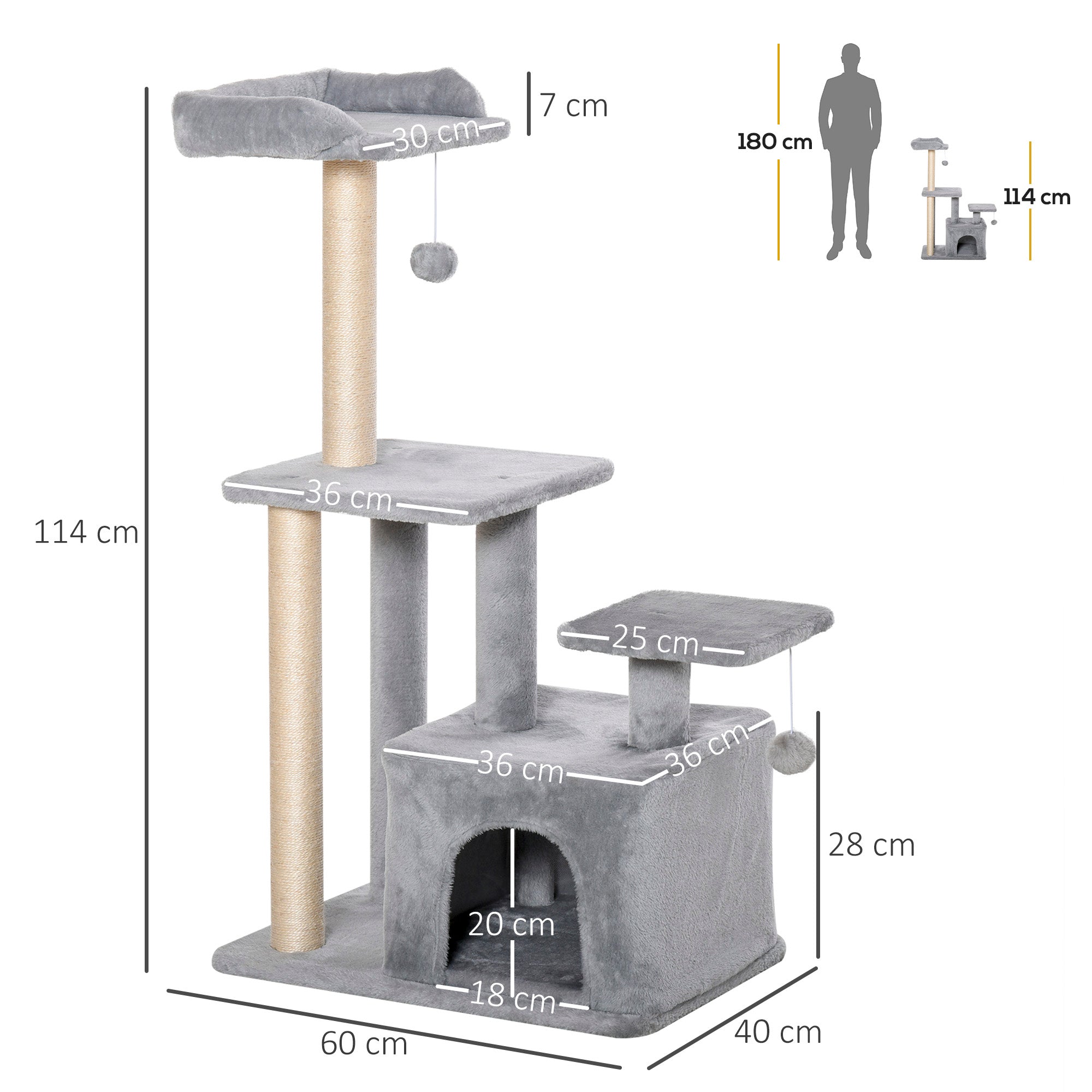 PawHut Cat Tree Tower for Indoor Cats 114cm Climbing Activity Centre Kitten with Sisal Scratching Post Perch Hanging Ball Condo Toy Light Grey - North Peak Garden Furniture