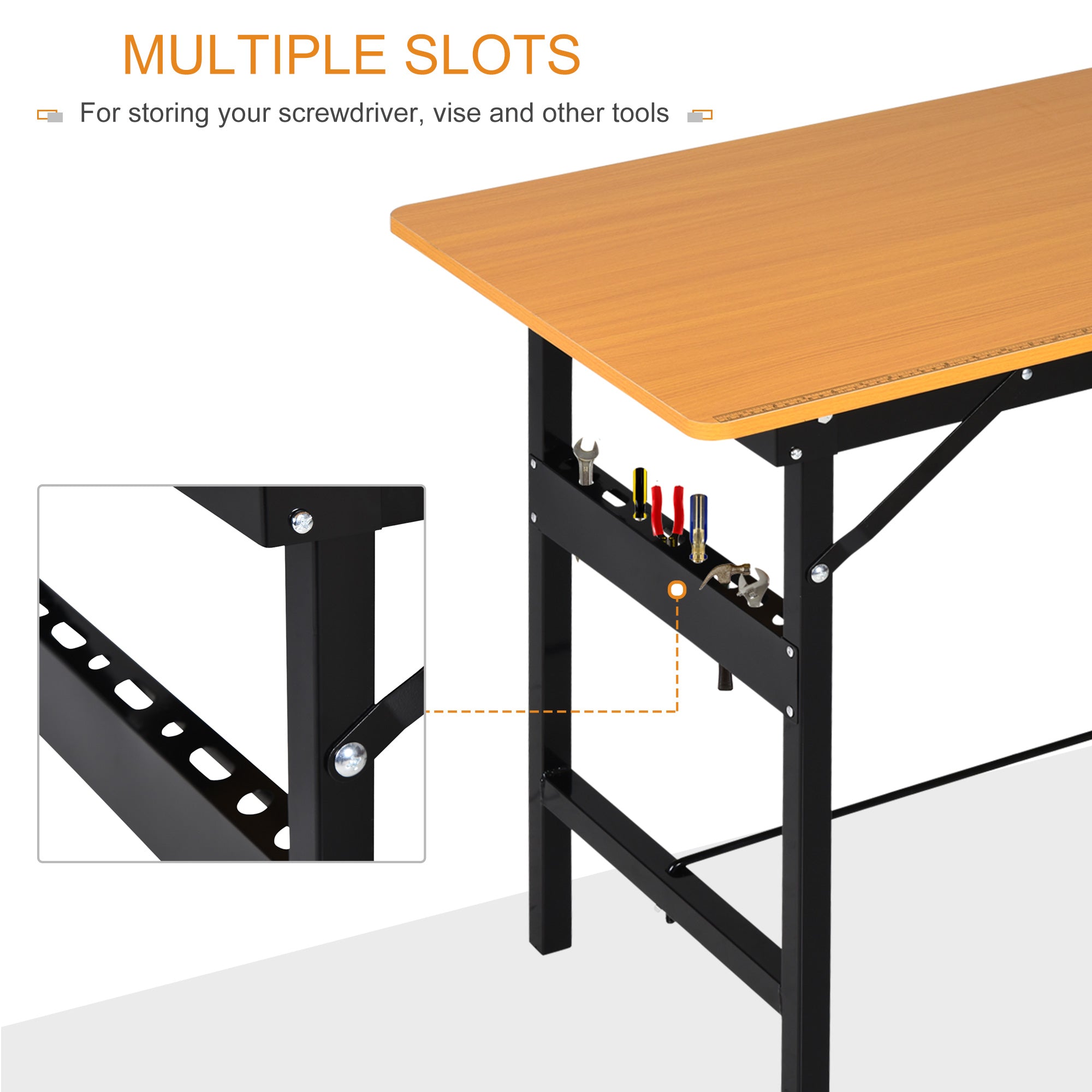 HOMCOM Foldable Garage Work Bench, Craft Table MDF Workstation, Heavy-duty Steel Frame with Ruler, Protractor - North Peak Garden Furniture