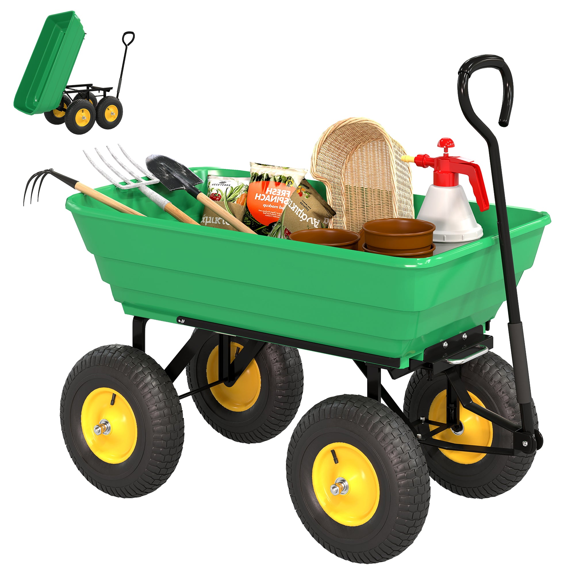 Outsunny 75 Litre Large Garden Cart Heavy Duty 4 Wheel Trolley Dump Wheelbarrow Tipping Truck Trailer - Green