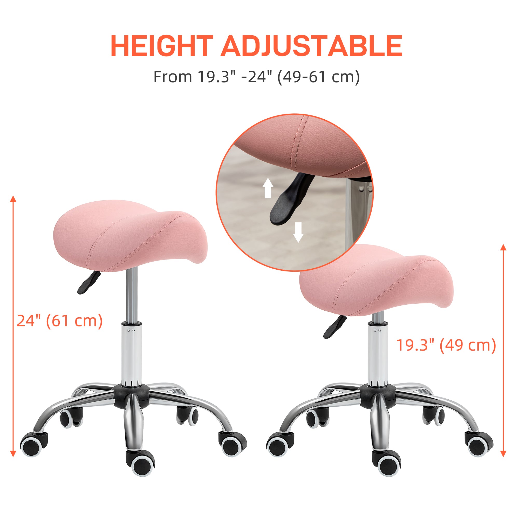 HOMCOM Saddle Stool, Height Adjustable Salon Chair for Massage Spa, Faux Leather, Pink - North Peak Garden Furniture