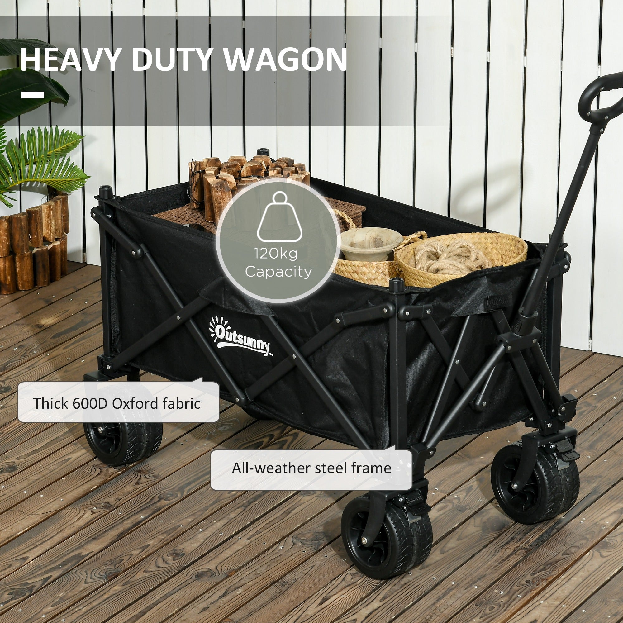 Outsunny Folding Garden Trolley, Outdoor Wagon Cart with Carry Bag, for Beach, Camping, Festival, 120KG Capacity, Black - North Peak Garden Furniture