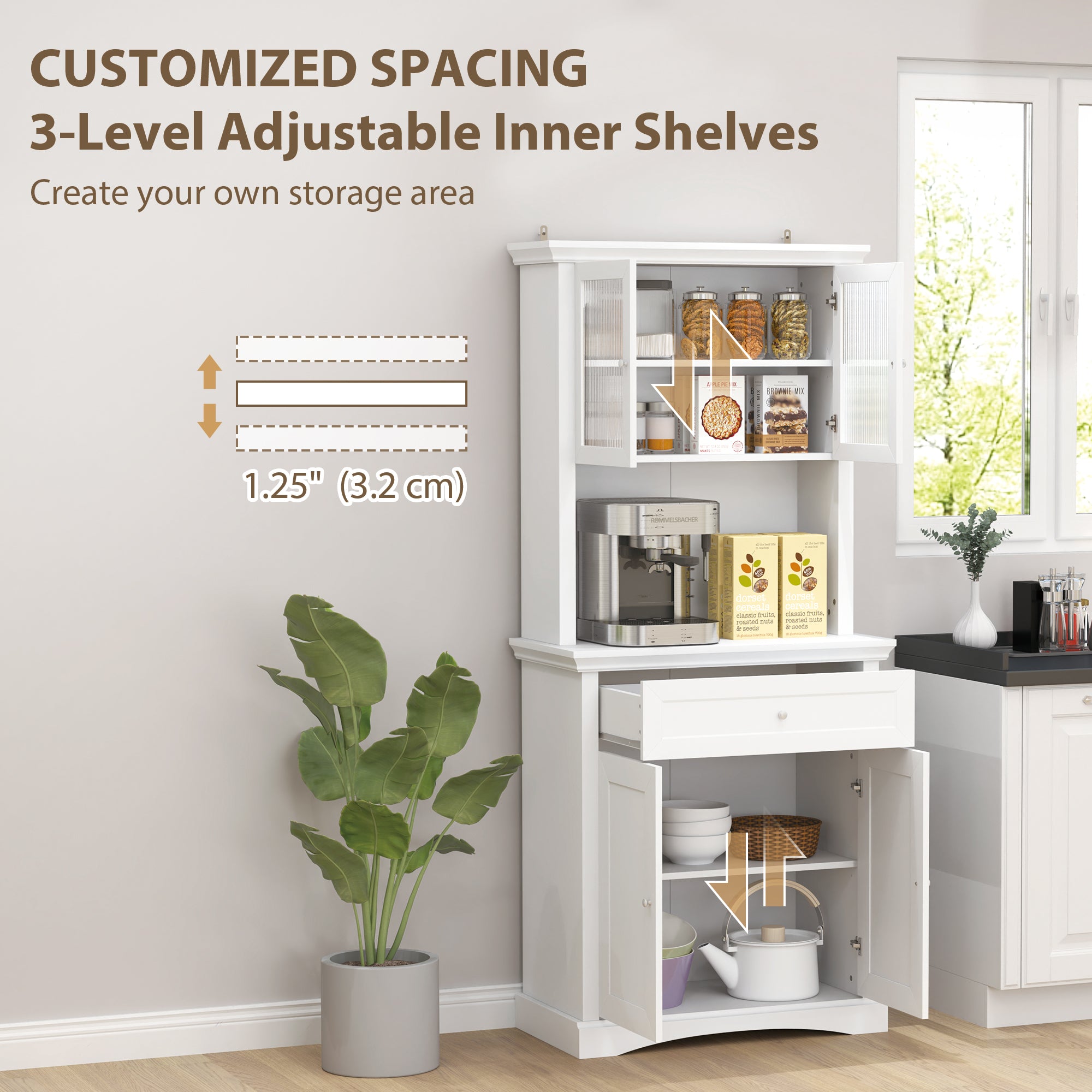 HOMCOM 4-Door Kitchen Cupboard with Drawer, Freestanding Kitchen Cabinet with Glass Doors, Adjustable Shelves and Open Counter, White - North Peak Garden Furniture