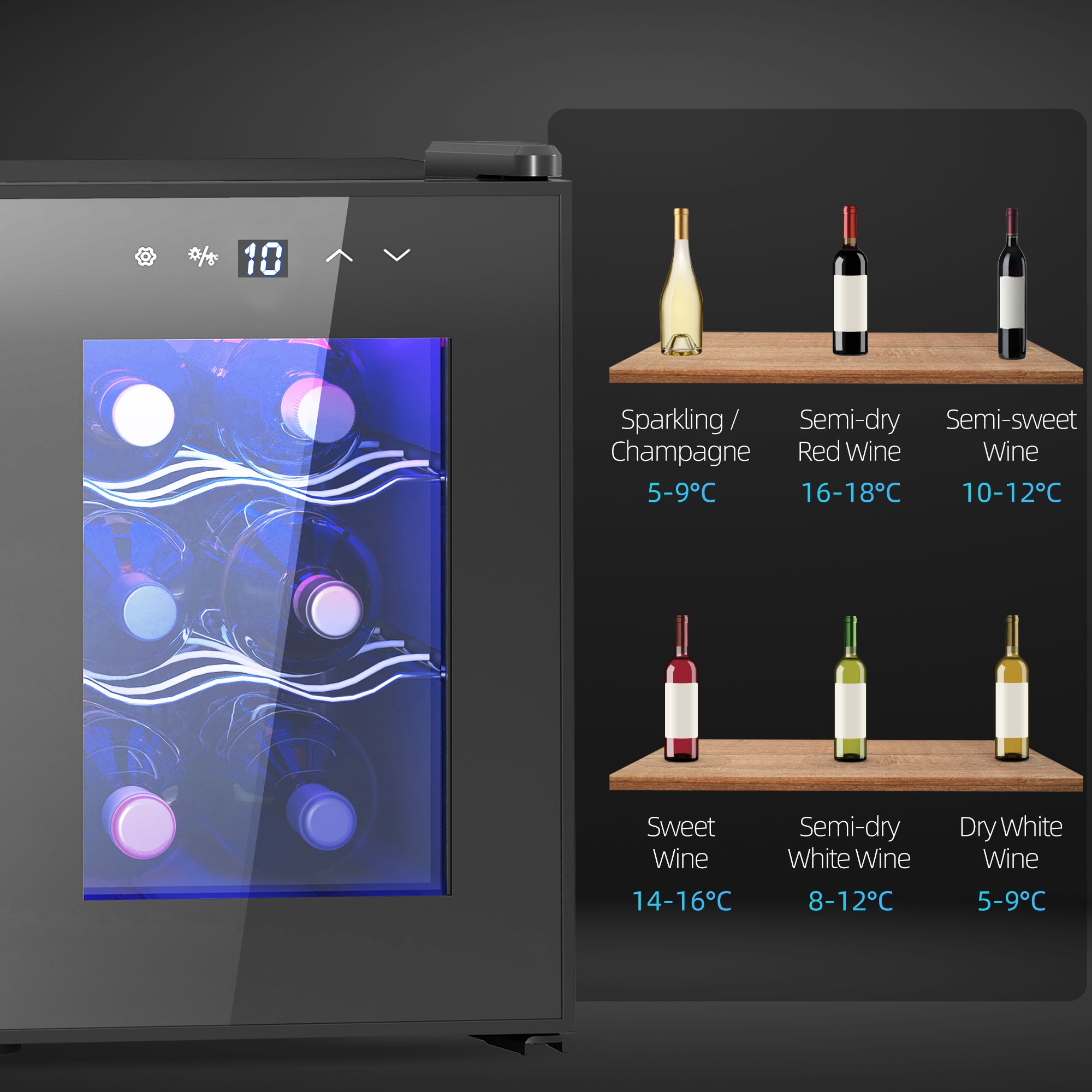 HOMCOM Six Bottle 8-18℃ Countertop Wine Fridge - Black - North Peak Garden Furniture