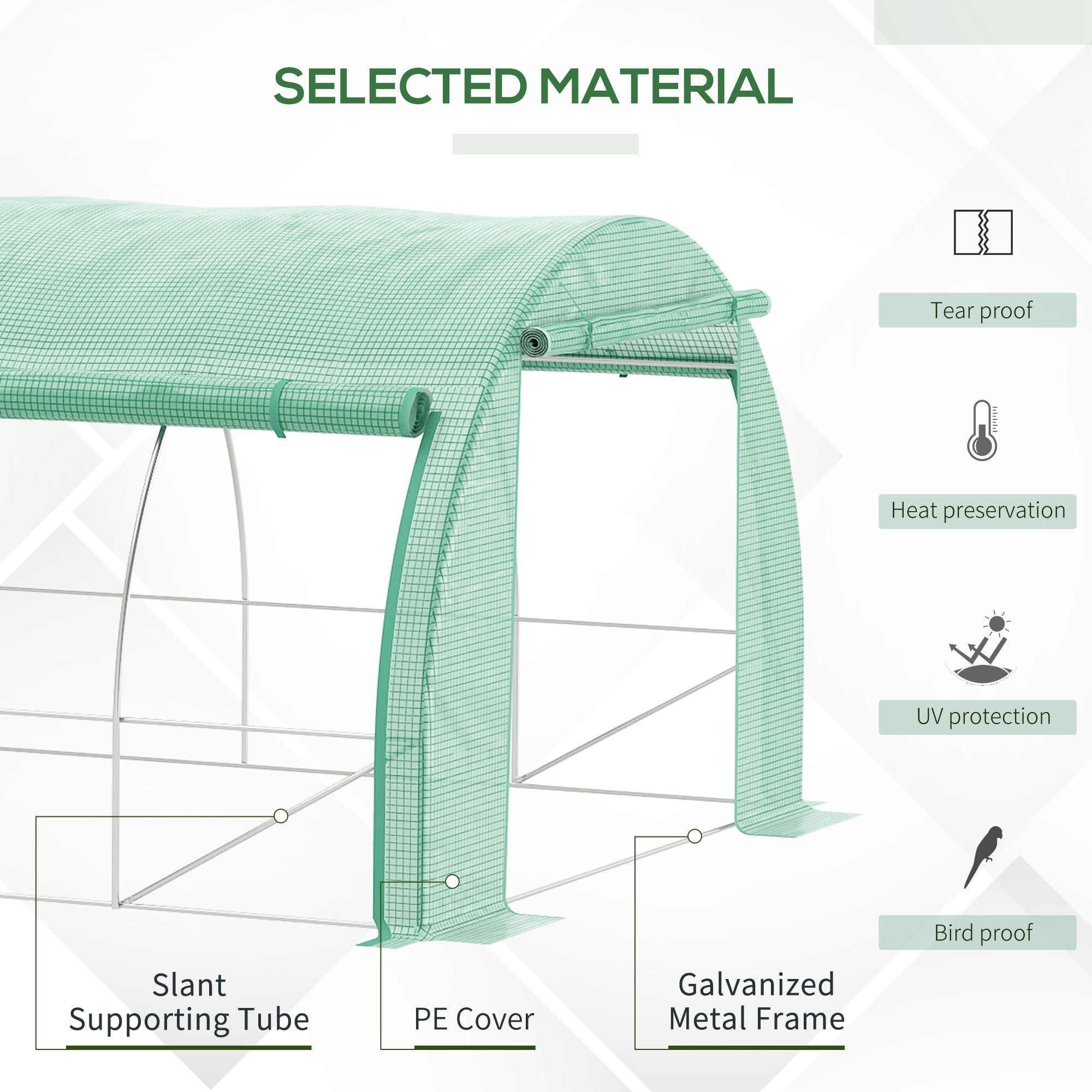 Outsunny Polytunnel Greenhouse Walk-in Grow House Tent with Roll-up Sidewalls, Zipped Door and 8 Windows, 4x3x2m Green - North Peak Garden Furniture