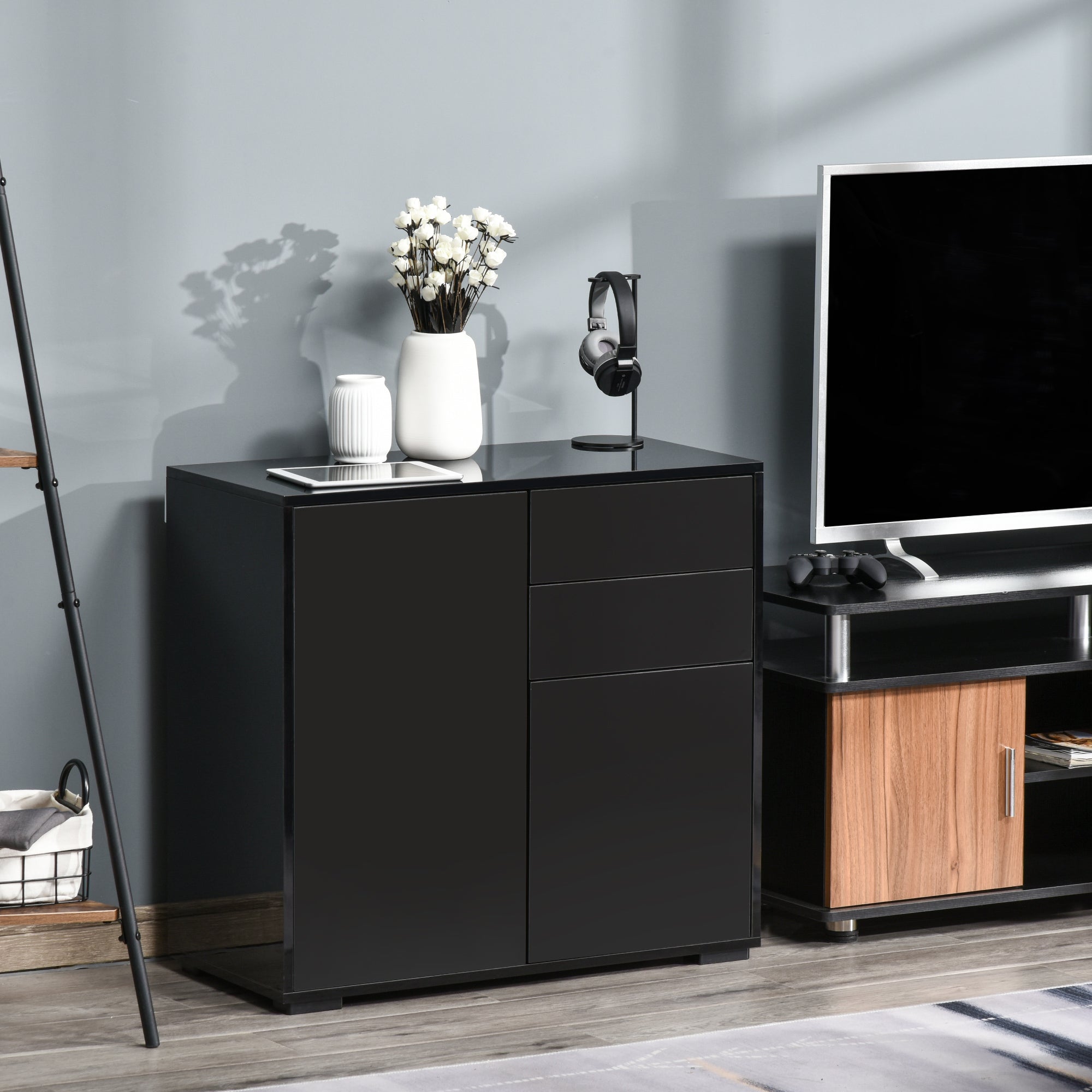 HOMCOM High Gloss Sideboard, Side Cabinet, Push-Open Design with 2 Drawer for Living Room, Bedroom, Black