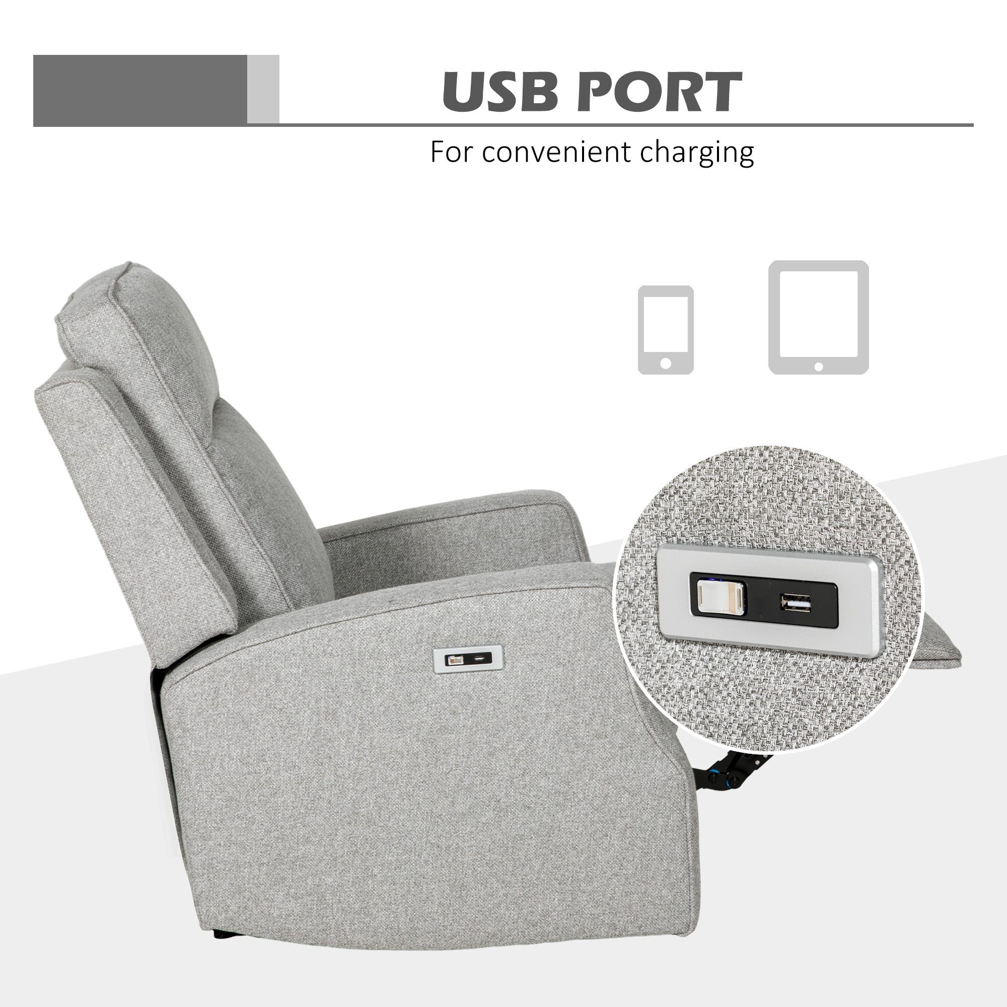 HOMCOM 150° Electric Reclining Chair, with USB port and Footrest - Grey - North Peak Garden Furniture