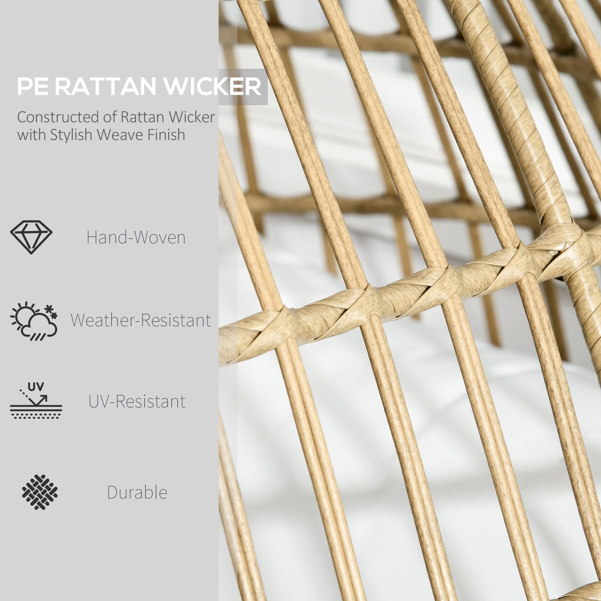 Outsunny PE Rattan Outdoor Egg Chair, Round Wicker Weave Teardrop Chair with Thick Padded Cushions for Sunroom, Garden, Khaki - North Peak Garden Furniture
