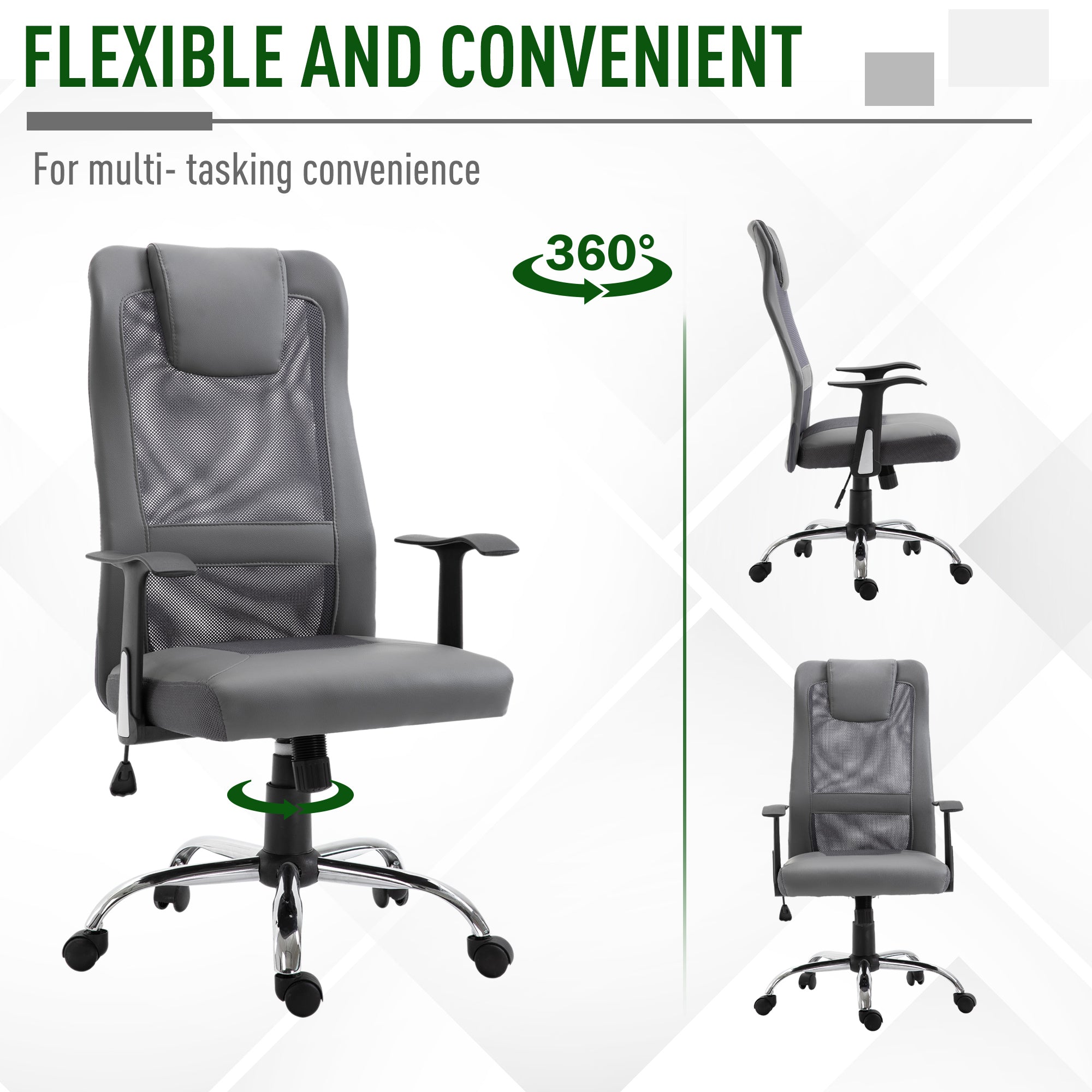 Vinsetto Office Chair, Computer Desk Chair, Mesh and PU Leather Swivel Chair with Adjustable Height and Rolling Wheels for Home Office Work Study, Grey - North Peak Garden Furniture
