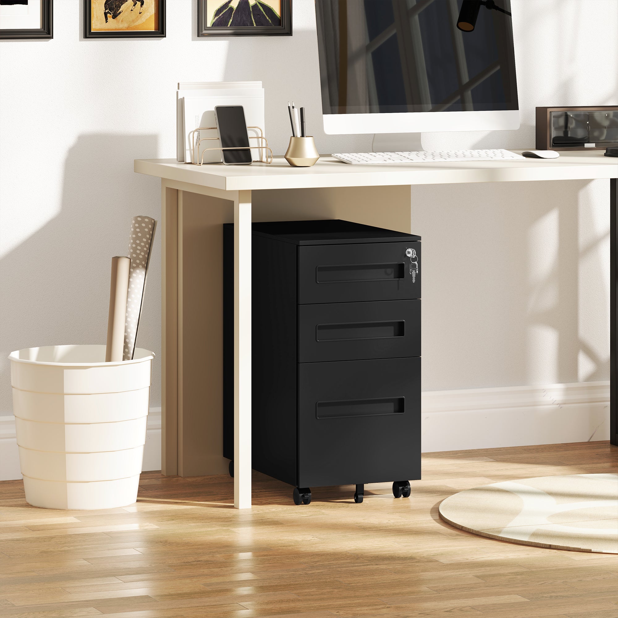 Vinsetto Metal Mobile File Cabinet with Wheels, Lockable 3 Drawer Filing Cabinet for A4, Legal, Letter, Compact Under Desk Storage Unit with Pre-Assembled Body for Home Office, 30 x 43.5 x 60cm, Black - North Peak Garden Furniture