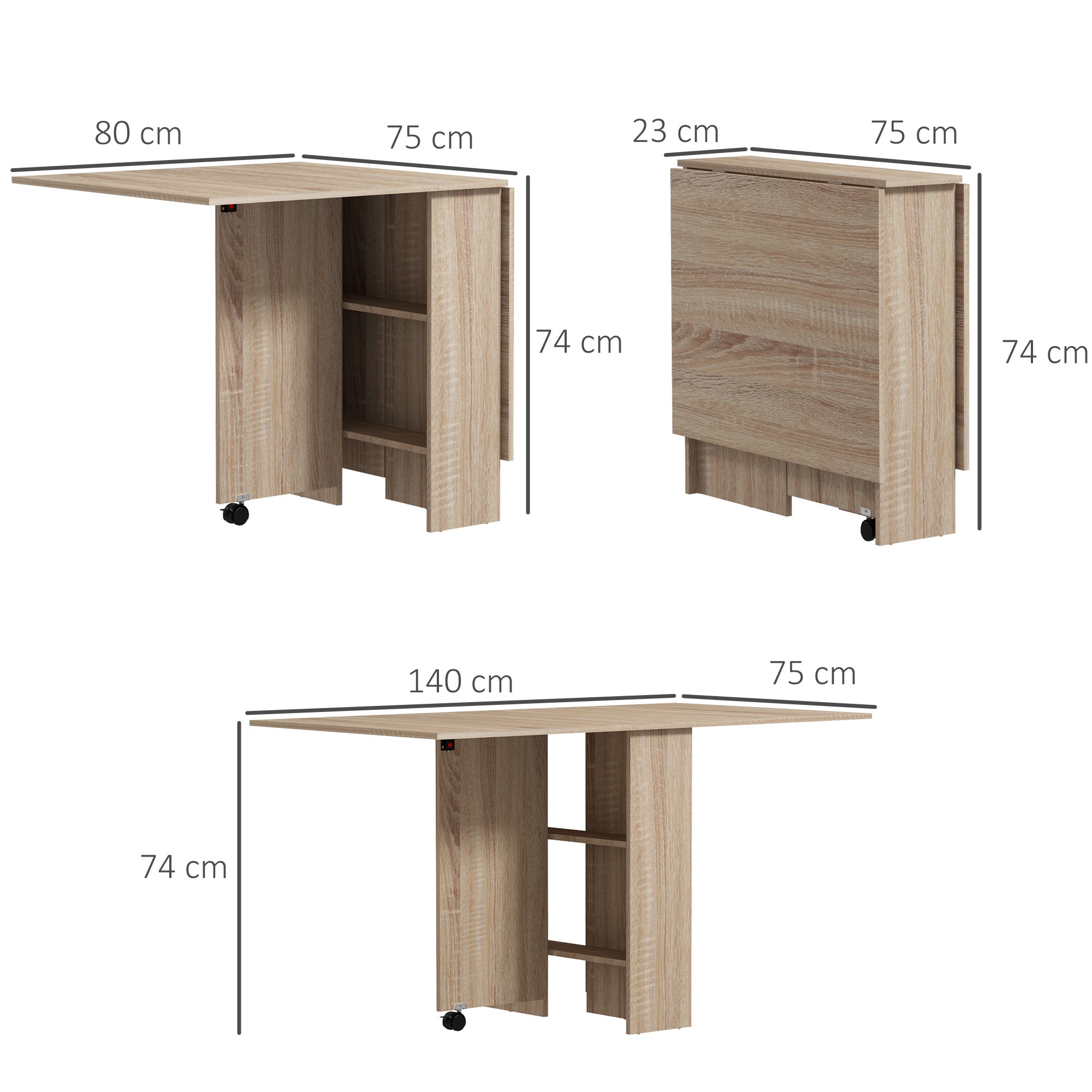 HOMCOM Folding Dining Table, Drop Leaf Table for Small Spaces with 2-tier Shelves, Small Kitchen Table with Rolling Casters, Natural