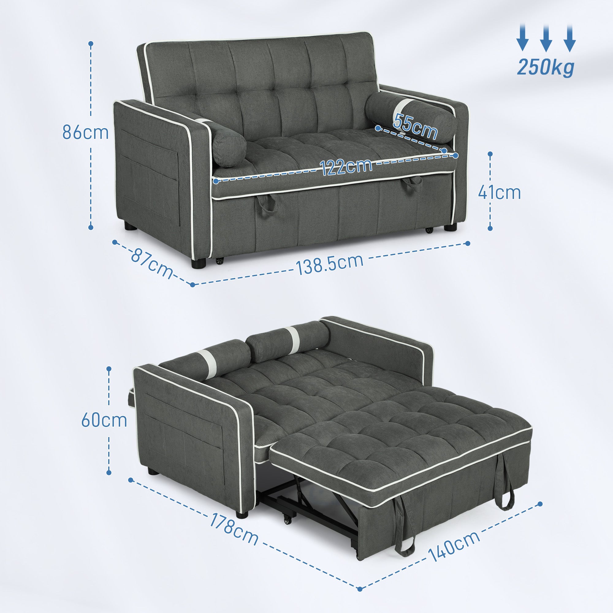 HOMCOM Two-Seater Linen-Look Sofa Bed - Charcoal Grey - North Peak Garden Furniture