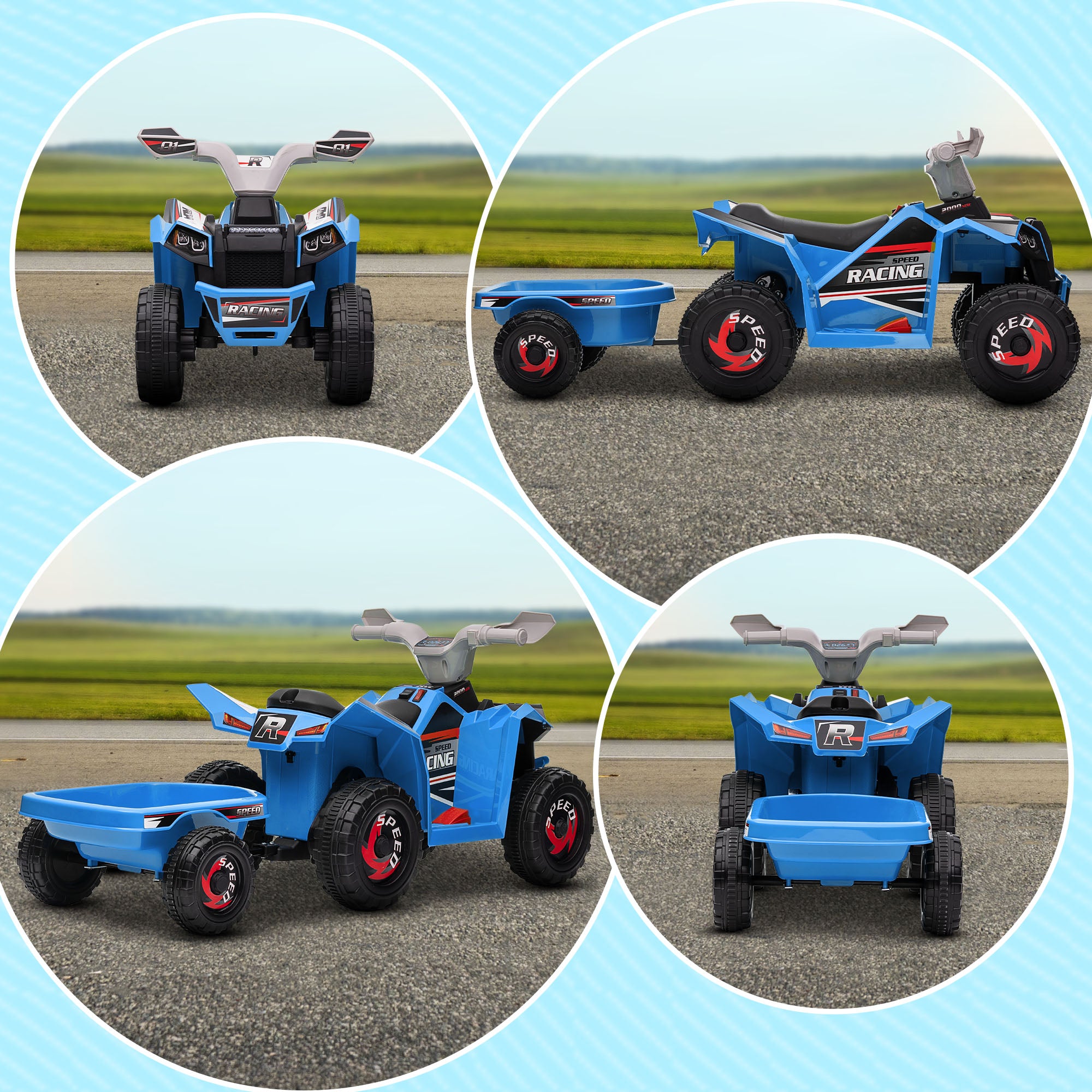 HOMCOM 6V Quad Bike with Back Trailer, Wear-Resistant Wheels, for Ages 18-36 Months, Blue - North Peak Garden Furniture