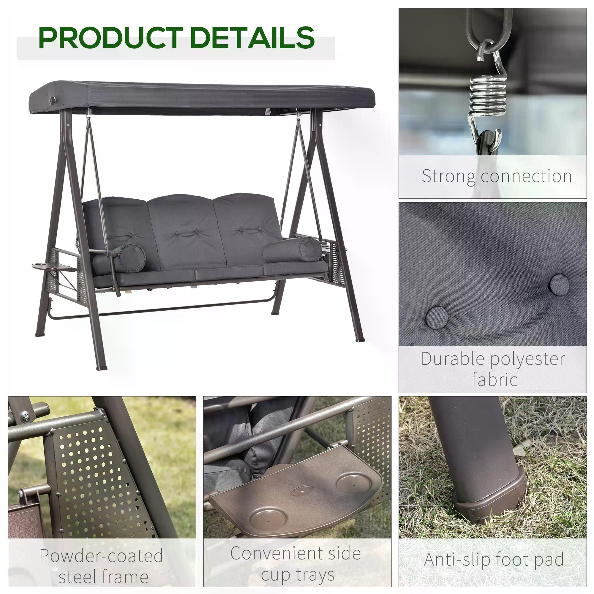 Outsunny 3 Seater Garden Swing Chair Outdoor Hammock Bench w/ Adjustable Canopy, Cushions and Cup Trays, Brown Steel Frame, Dark Grey Fabric - North Peak Garden Furniture