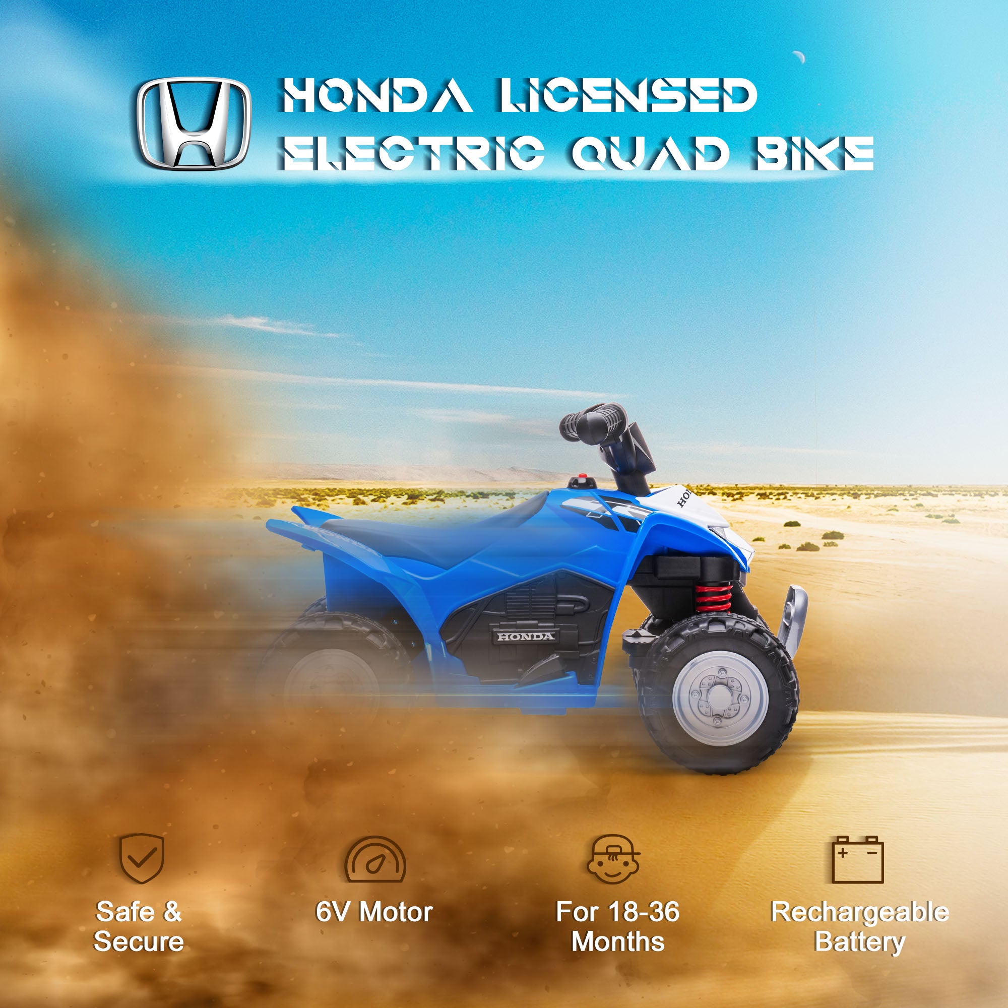 AIYAPLAY Honda Licensed Kids Electric Quad Bike, 6V ATV Ride On for Ages 1.5-3 Years, Blue - North Peak Garden Furniture