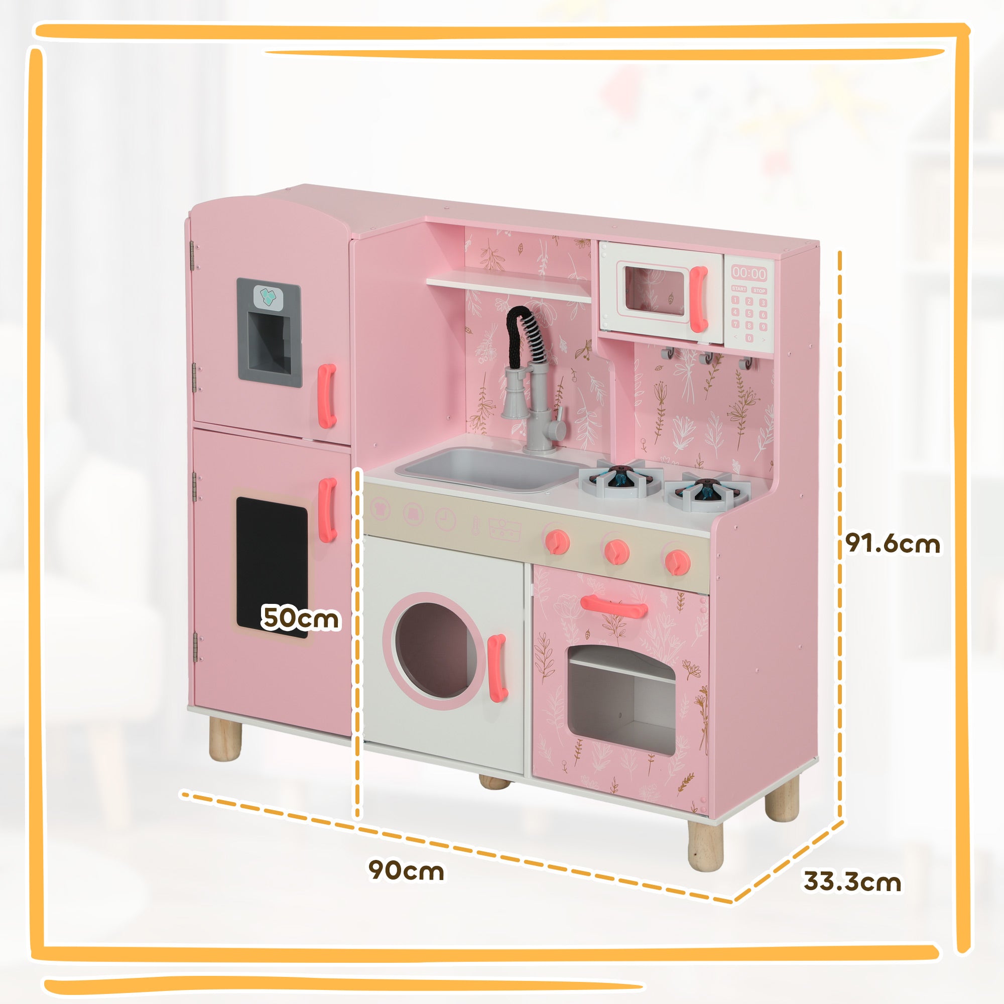 AIYAPLAY Play Kitchen, Kids Kitchen Set with Lights and Sounds, Double Stoves, Ice Maker, Chalkboard for 3+ Years - Pink