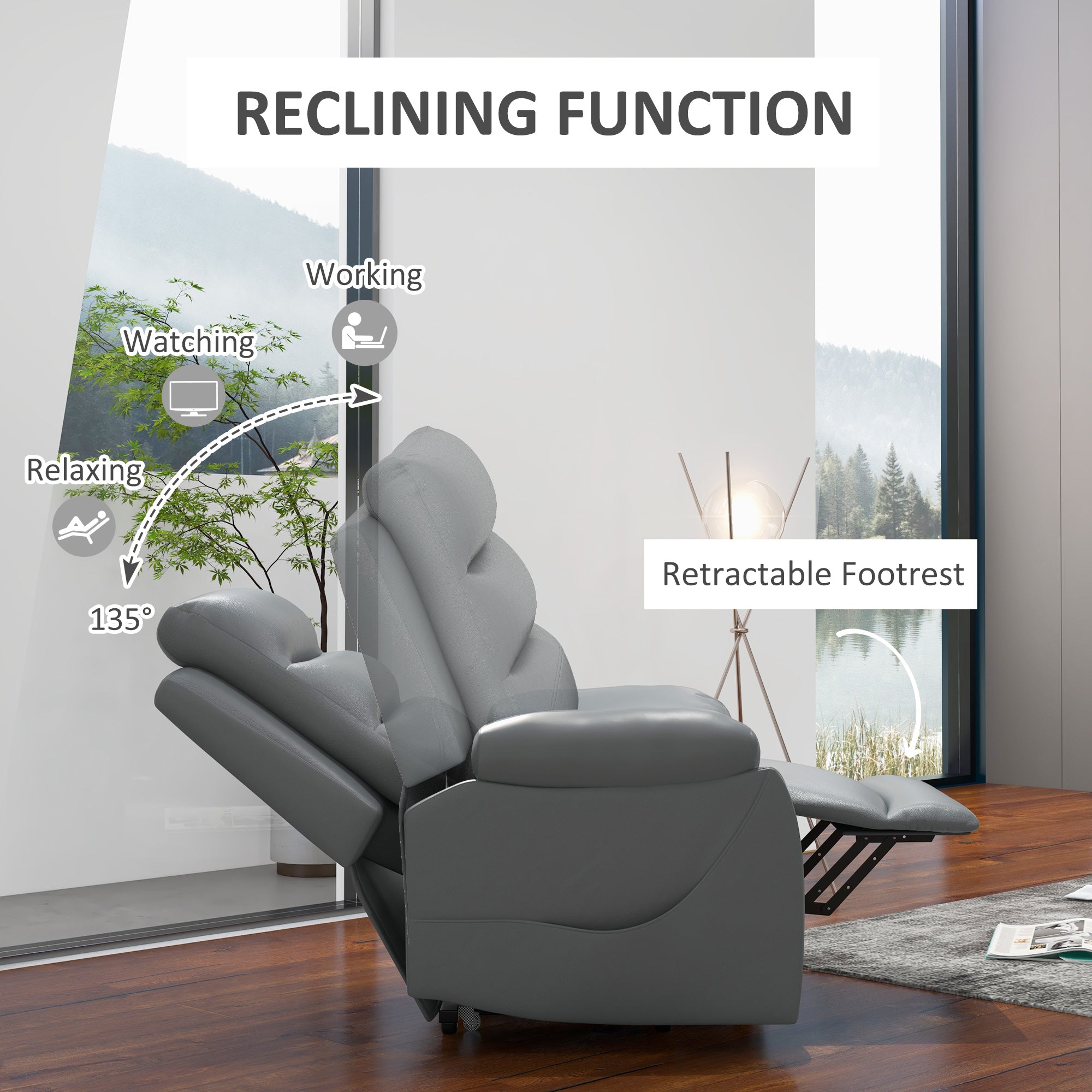 HOMCOM Electric Riser and Recliner for Elderly with 8 Vibration Massage, PU Leather Power Lift Recliner Chair for Living Room with Side Pockets, Footrest, Grey - North Peak Garden Furniture