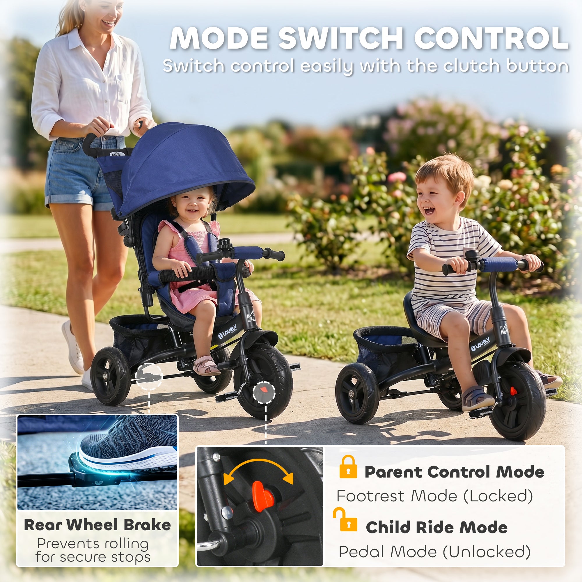HOMCOM 6 in 1 Kids Trike Push Bike w/ Push Handle, Canopy, 5-point Safety Belt, Storage, Footrest, Brake, for 1-5 Years, Blue
