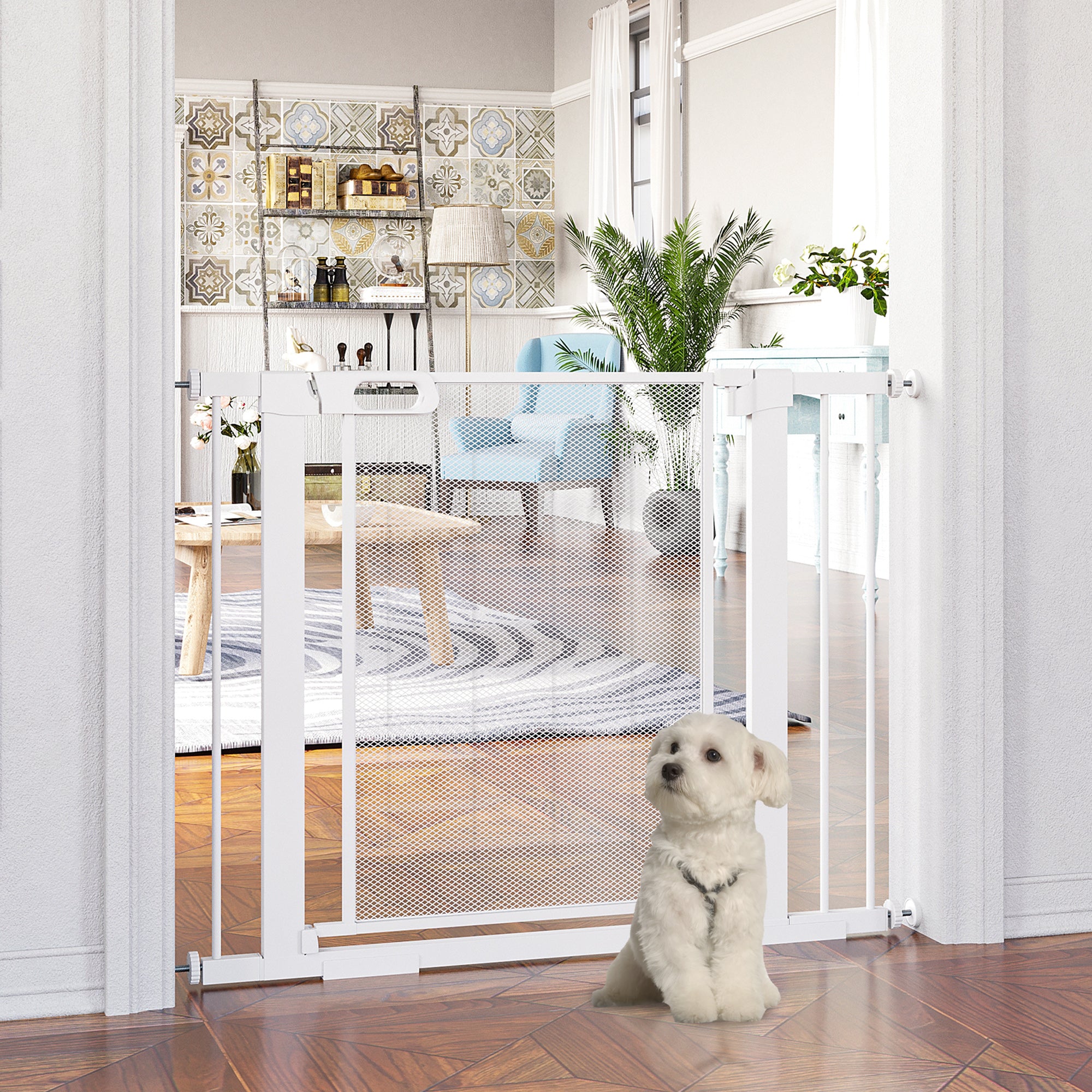 PawHut Pet Safety Gate, for Doorways, Staircases, Hallways, with Extensions Kit, 75-103cm - White - North Peak Garden Furniture