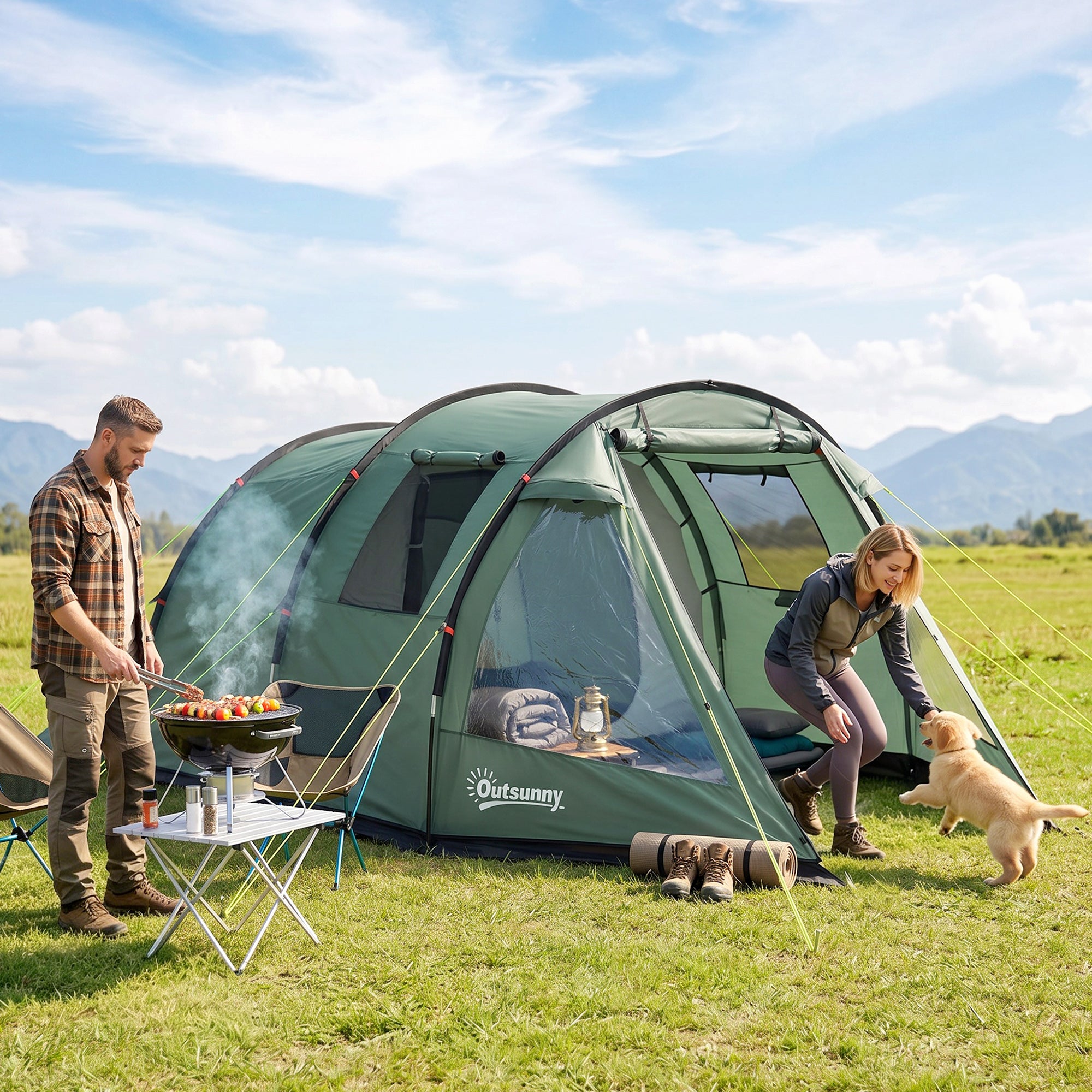 Outsunny Two Room Tunnel Tent Camping Tent for  3-4 Man with Windows, Covers, Carry Bag, for Fishing, Hiking, Sports, Green