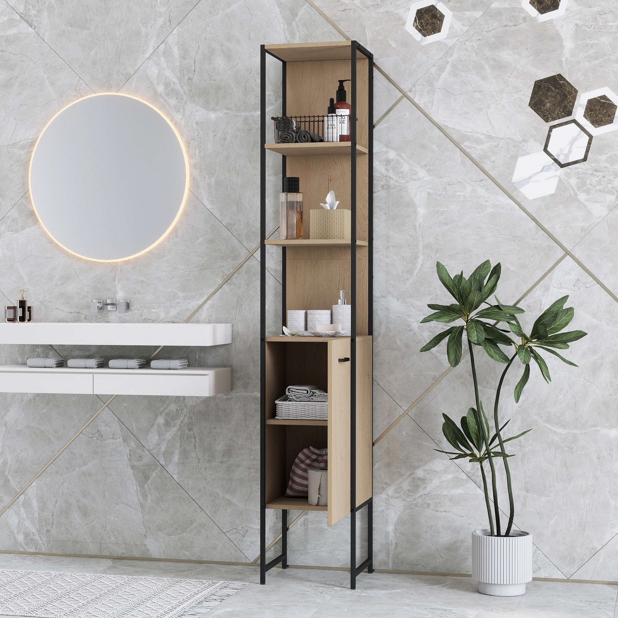 HOMCOM Tall Bathroom Cabinet with Open Shelves and Adjustable Shelf - Natural Wood Finish - North Peak Garden Furniture