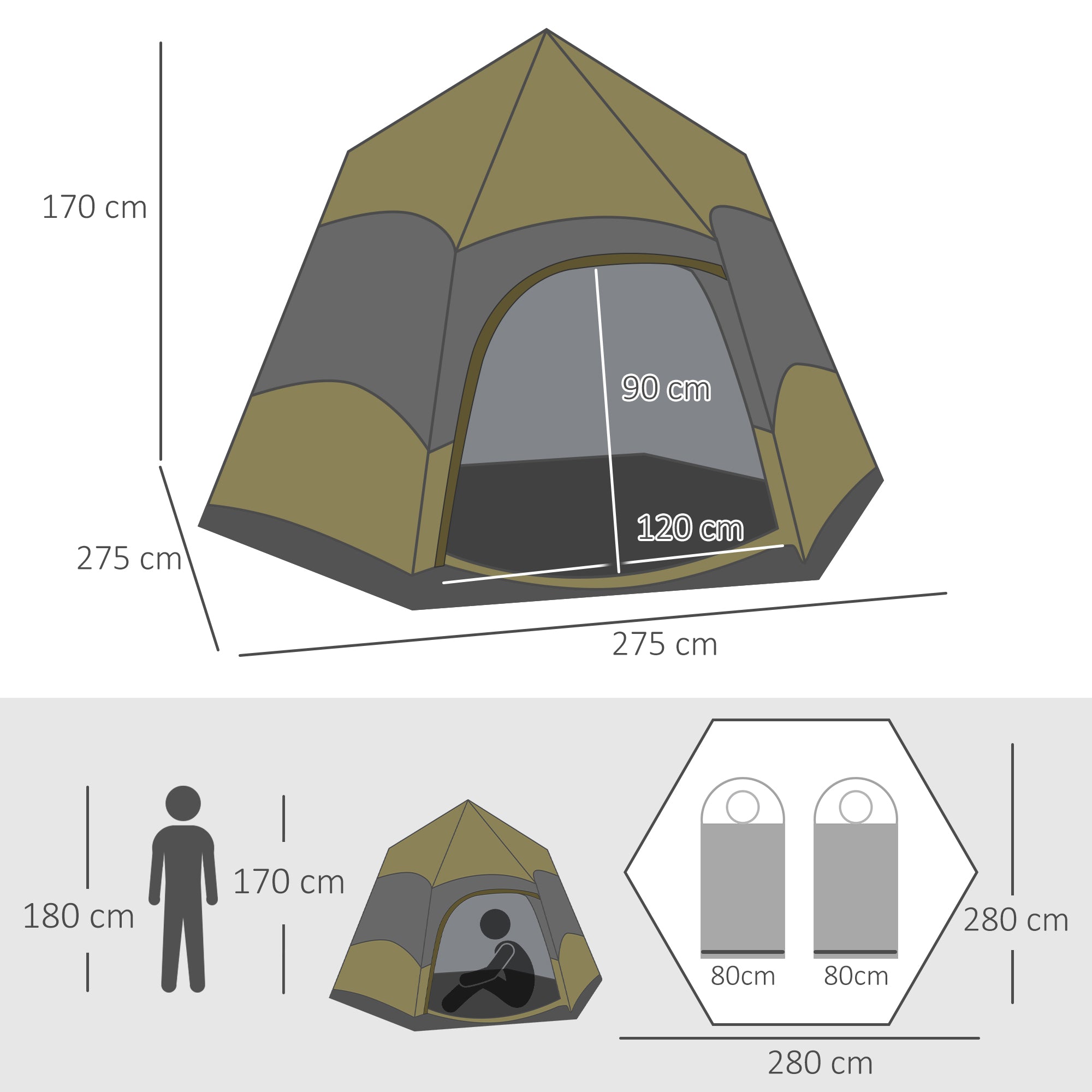 Outsunny Six Man Hexagon Camping Tent with Hang Hook and Carry Bag - Dark Green and Light Grey - North Peak Garden Furniture