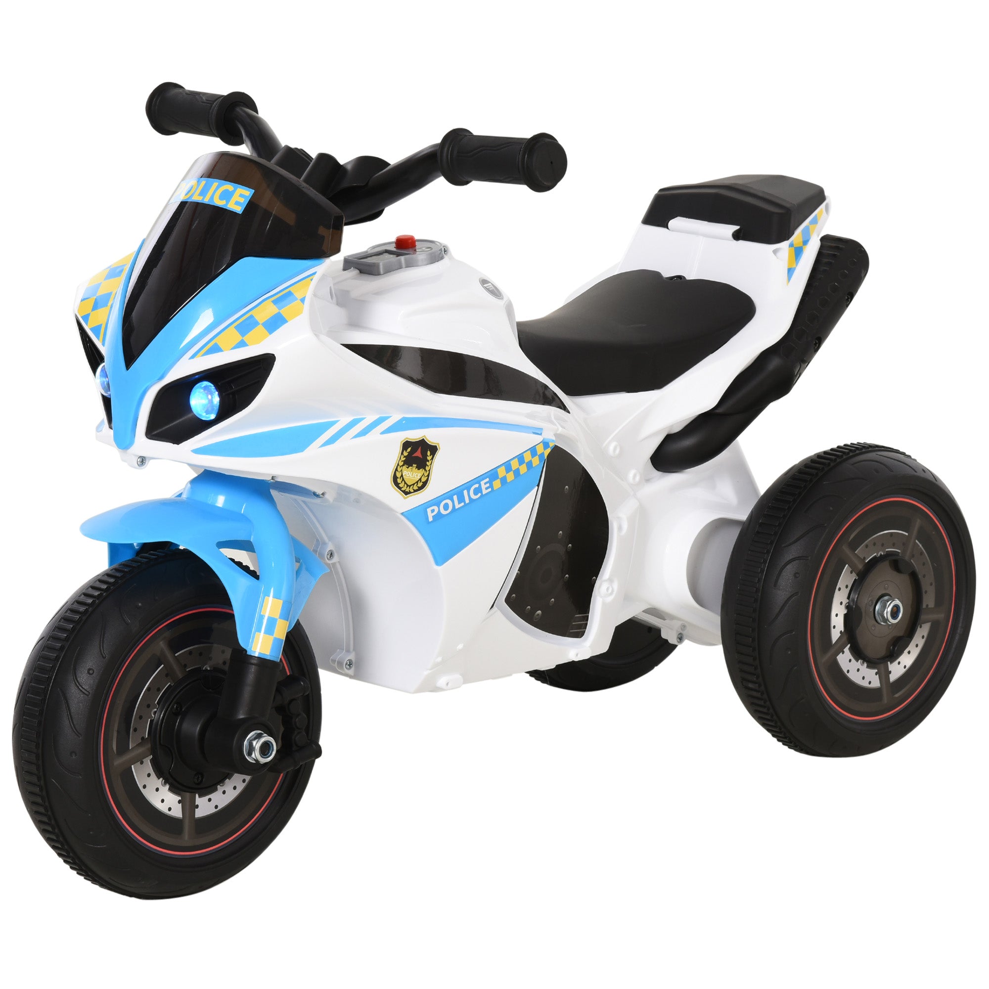 HOMCOM Kids Ride-On Police Bike 3-Wheel Vehicle w/ Music Lights Safe Seat Handlebars Toddler NO POWER Child Learning Fun Development 18-36 Months Blue - North Peak Garden Furniture