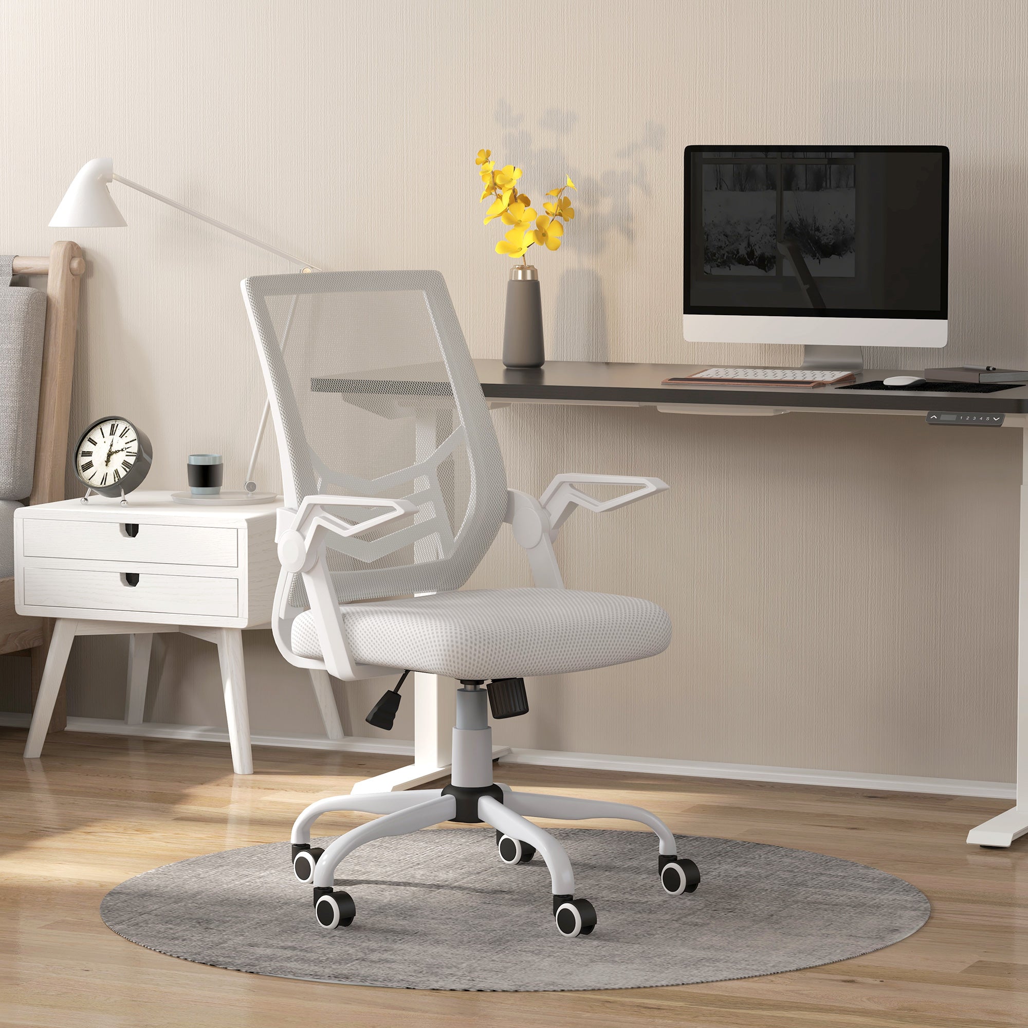 Vinsetto Mesh Office Chair, Computer Desk Chair with Flip-up Armrests, Lumbar Back Support and Swivel Wheels, White