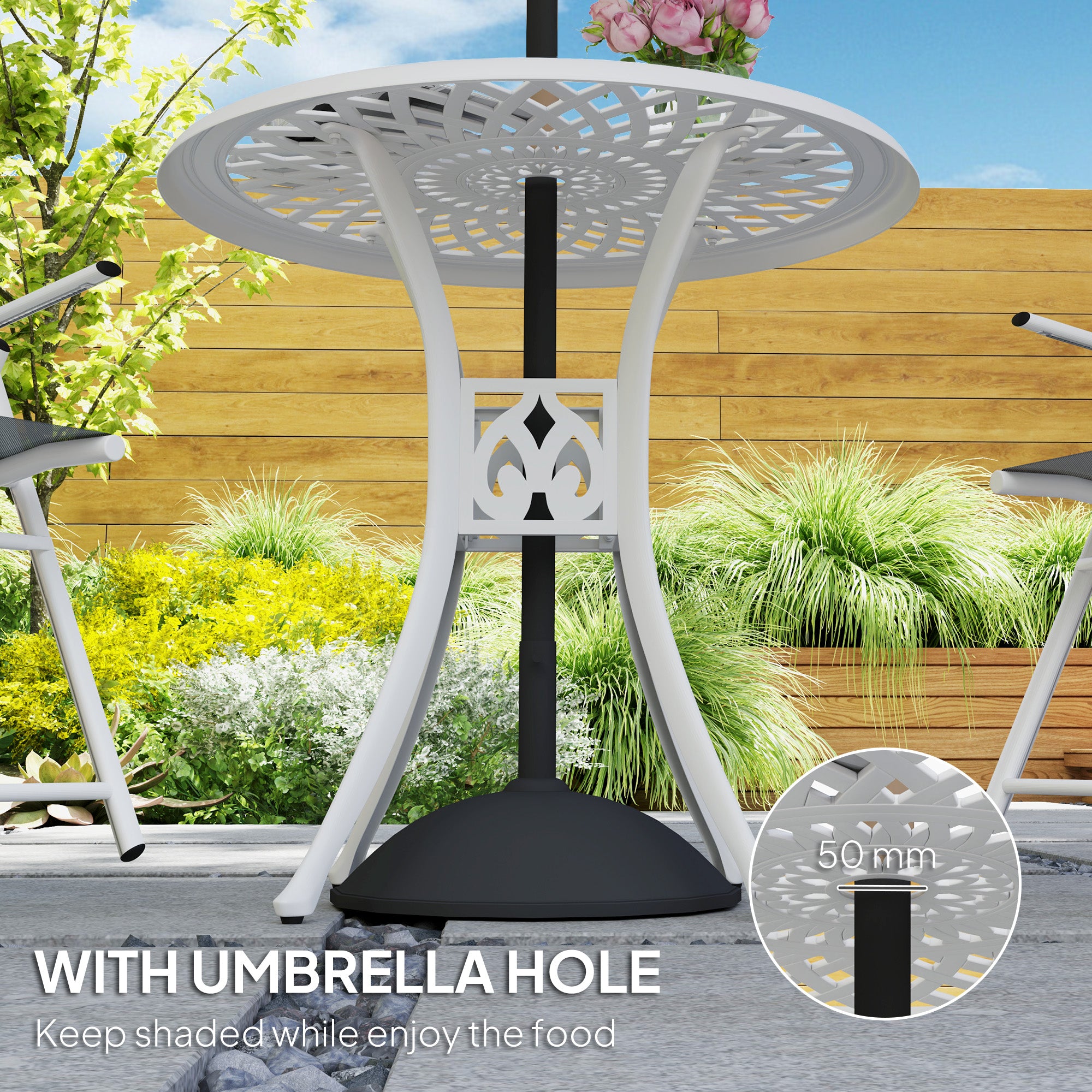 Outsunny 78 cm Round Garden Dining Table with Parasol Hole Antique Cast Aluminium Outdoor Table Only, White - North Peak Garden Furniture