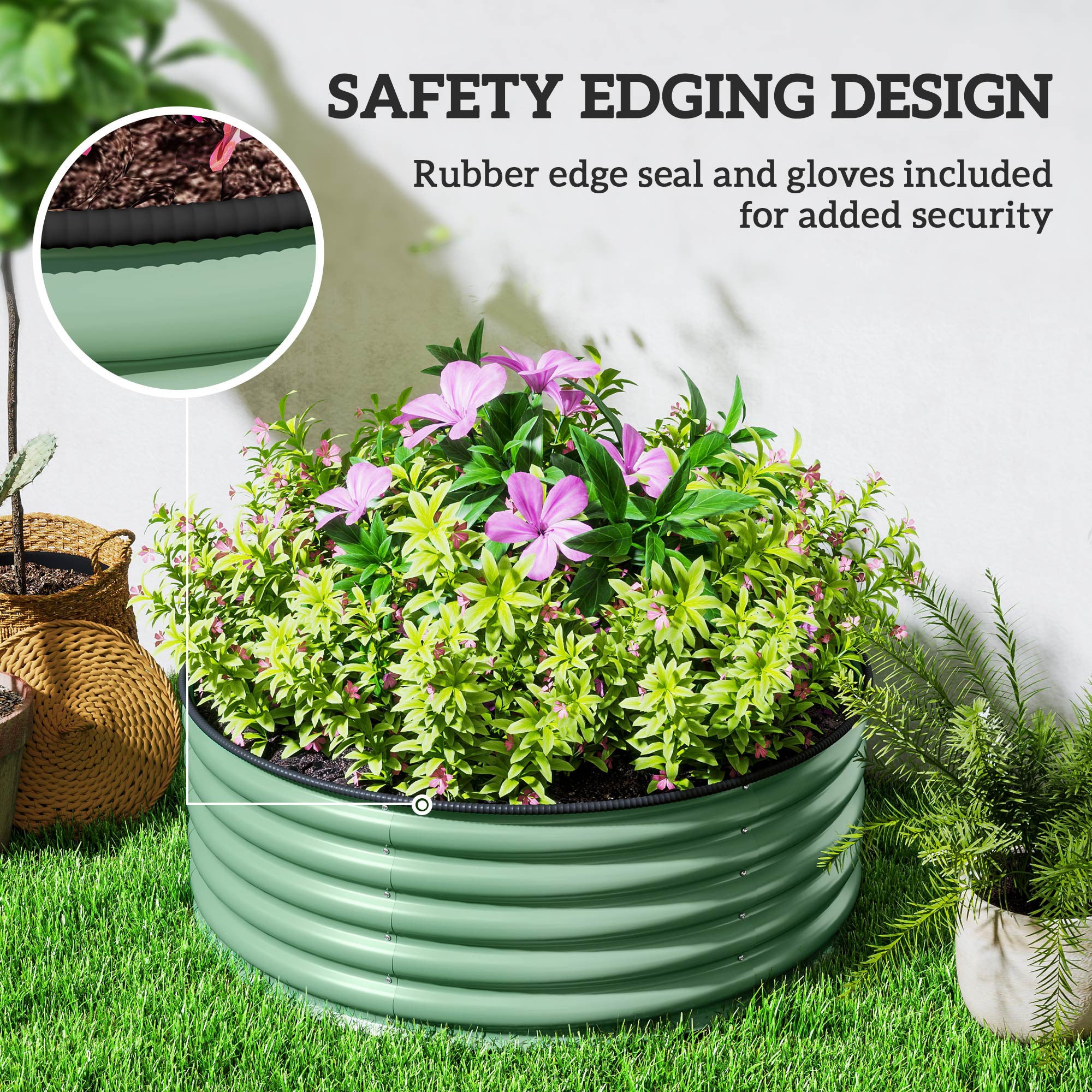 Outsunny Galvanised Raised Garden Bed with Safety Edging, Outdoor Raised Planter Box with Gloves, 120 x 120 x 43cm, Light Green - North Peak Garden Furniture