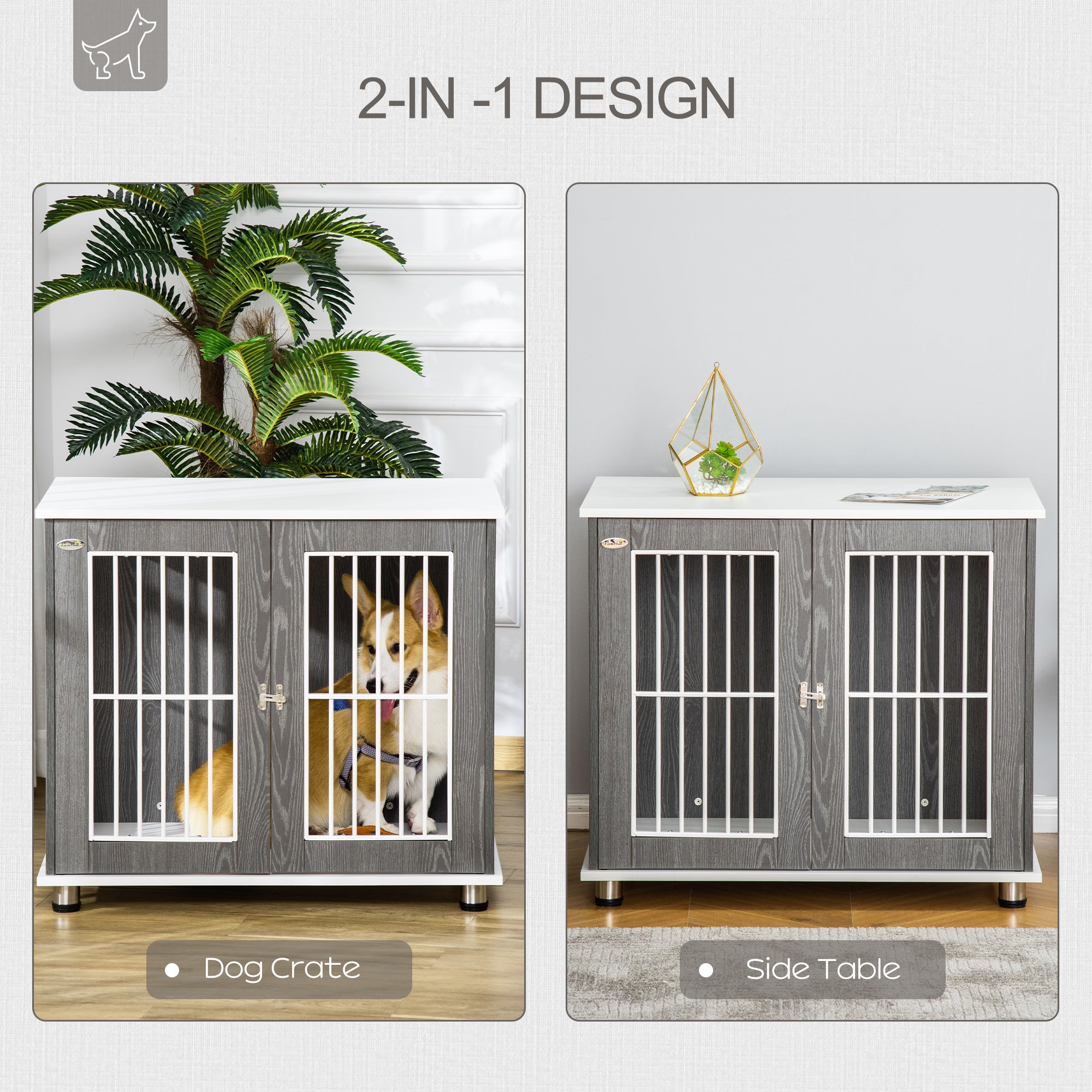 PawHut Dog Crate Wooden Pet Kennel Cage End Table w/ Lockable Door for Small Medium Dog Grey & White 85 x 55 x 75 cm - North Peak Garden Furniture