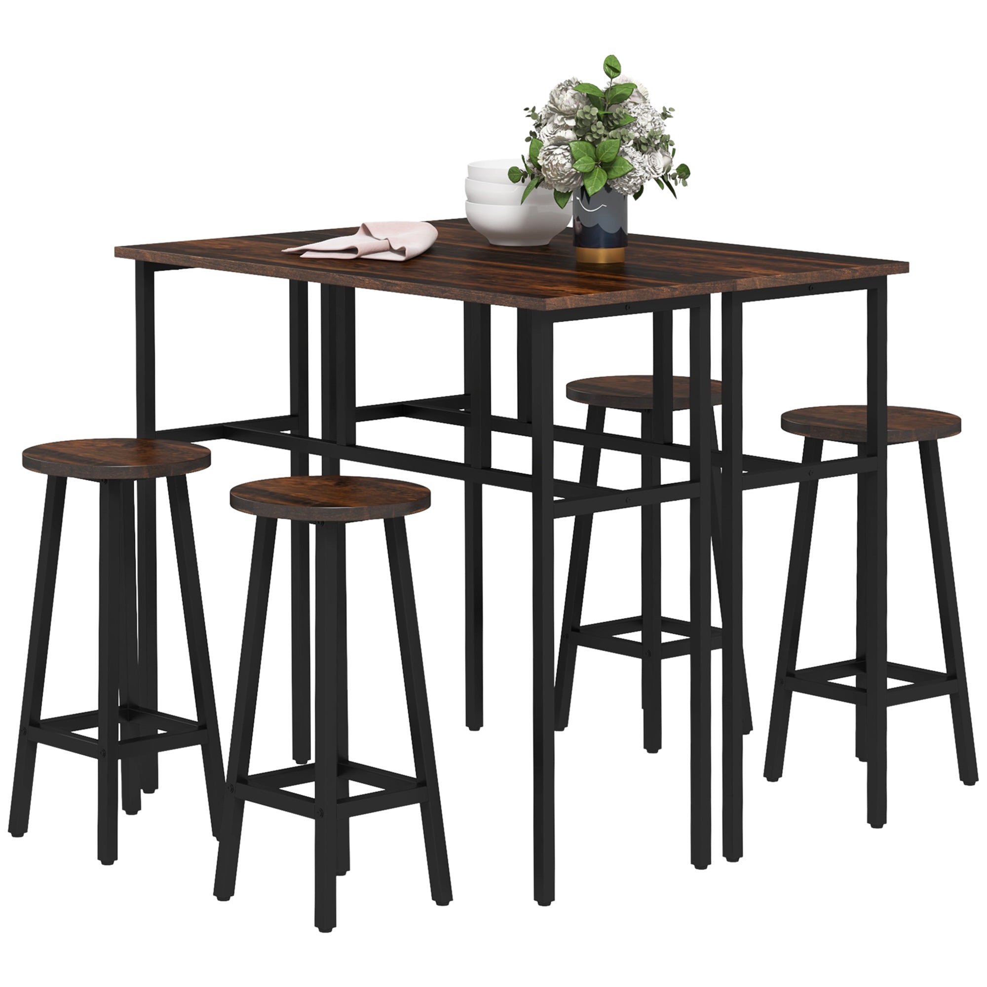 HOMCOM 6-Piece Bar Table Set, 2 Breakfast Tables with 4 Stools, Counter Height Dining Tables & Chairs for Kitchen, Living Room, Rustic Brown - North Peak Garden Furniture