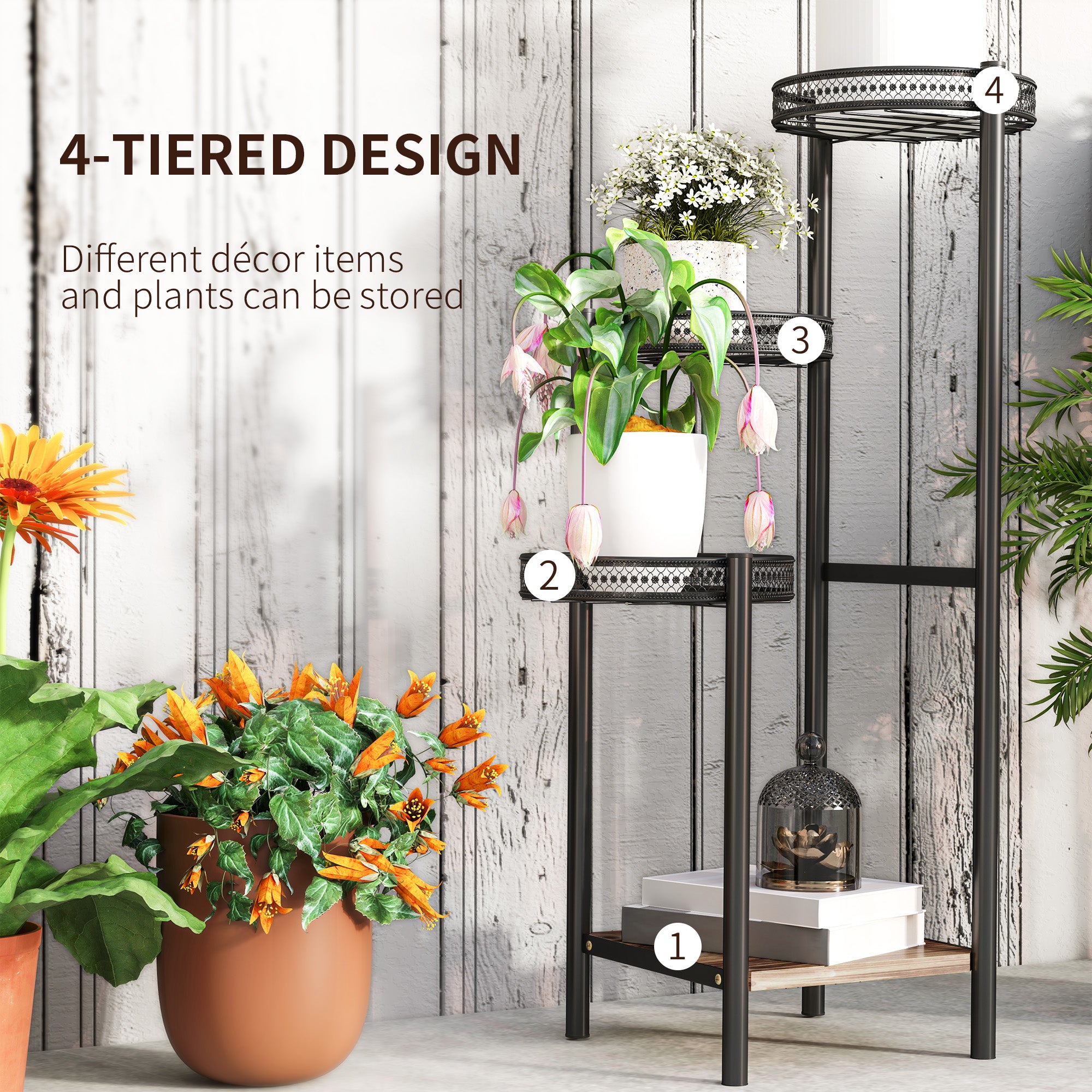 Outsunny Four-Tier Steel Plant Stand - Black - North Peak Garden Furniture