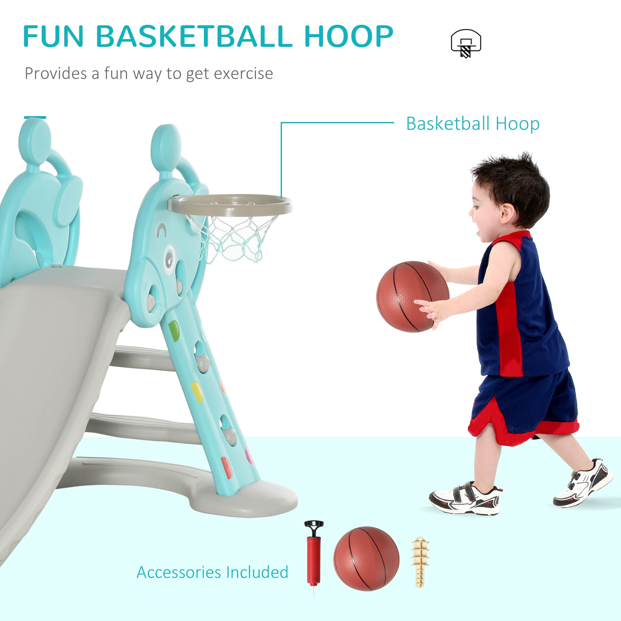 HOMCOM Kids Slide 2 in 1 Toddler Freestanding slide with Basketball Hoop Indoor/Outdoor Use Deer Shaped for 18 months -4 Years Old Blue - North Peak Garden Furniture