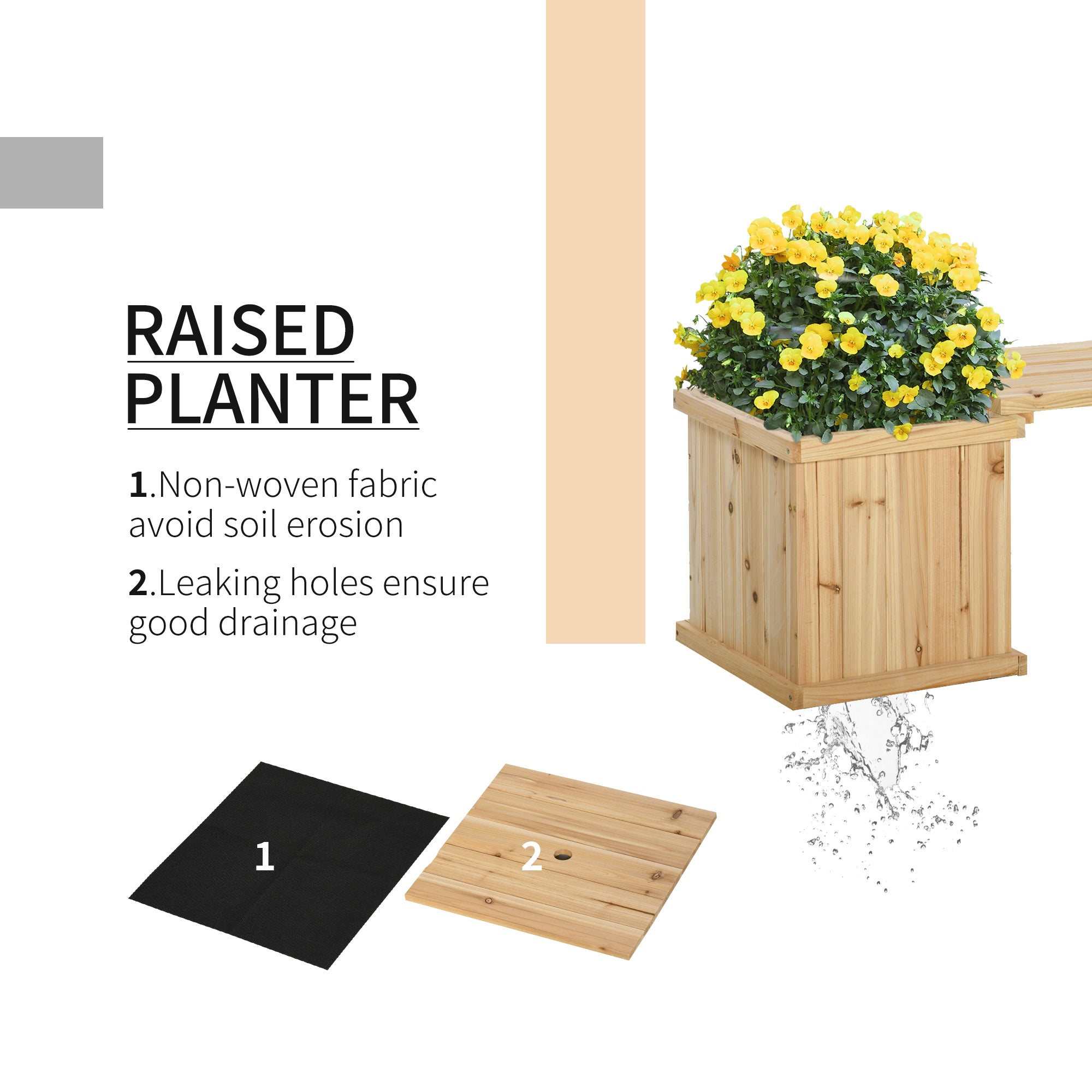 Outsunny Wooden Garden Planter & Bench Combination Garden Raised Bed Patio Park Natural 176 x 38 x 40 cm