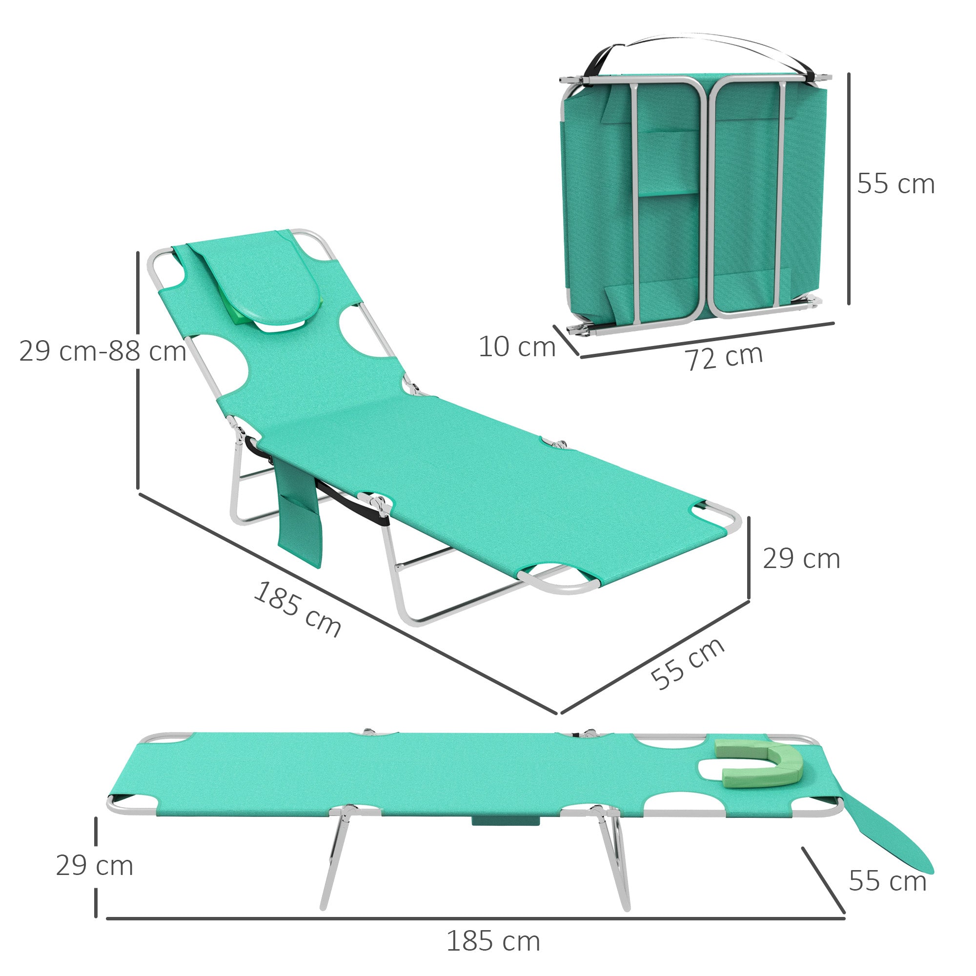 Outsunny Foldable Sun Lounger Set of 2 with Reading Hole, Portable Sun Lounger with 5 Level Adjustable Backrest, Reclining Lounge Chair with Side Pocket, Headrest Pillow, Green - North Peak Garden Furniture