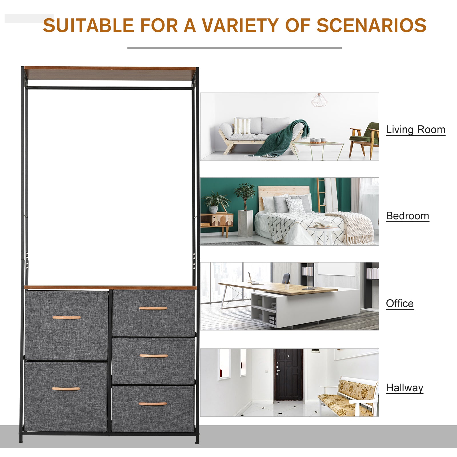 HOMCOM Chest of Drawers with Coat rack Steel Frame 5 Drawers Bedroom Hallway Home Furniture Black Brown - North Peak Garden Furniture