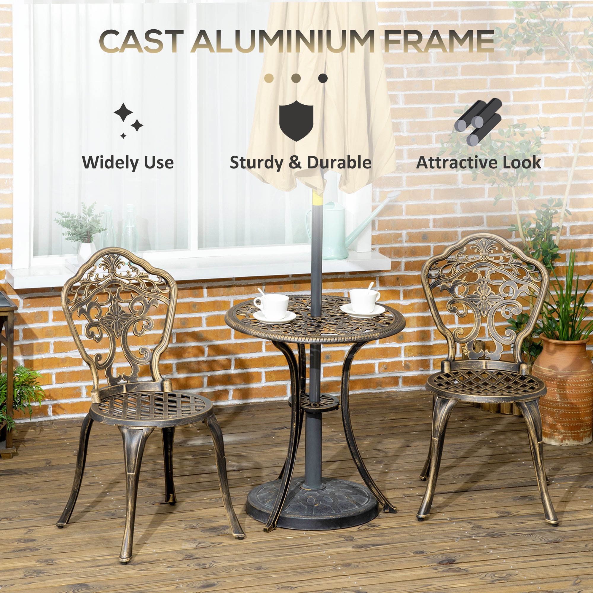 Outsunny 3 Piece Cast Aluminium Garden Bistro Set for 3 with Parasol Hole, Outdoor Coffee Table Set, Two Armless Chairs and Round Coffee Table for Balcony, Patio, Bronze - North Peak Garden Furniture